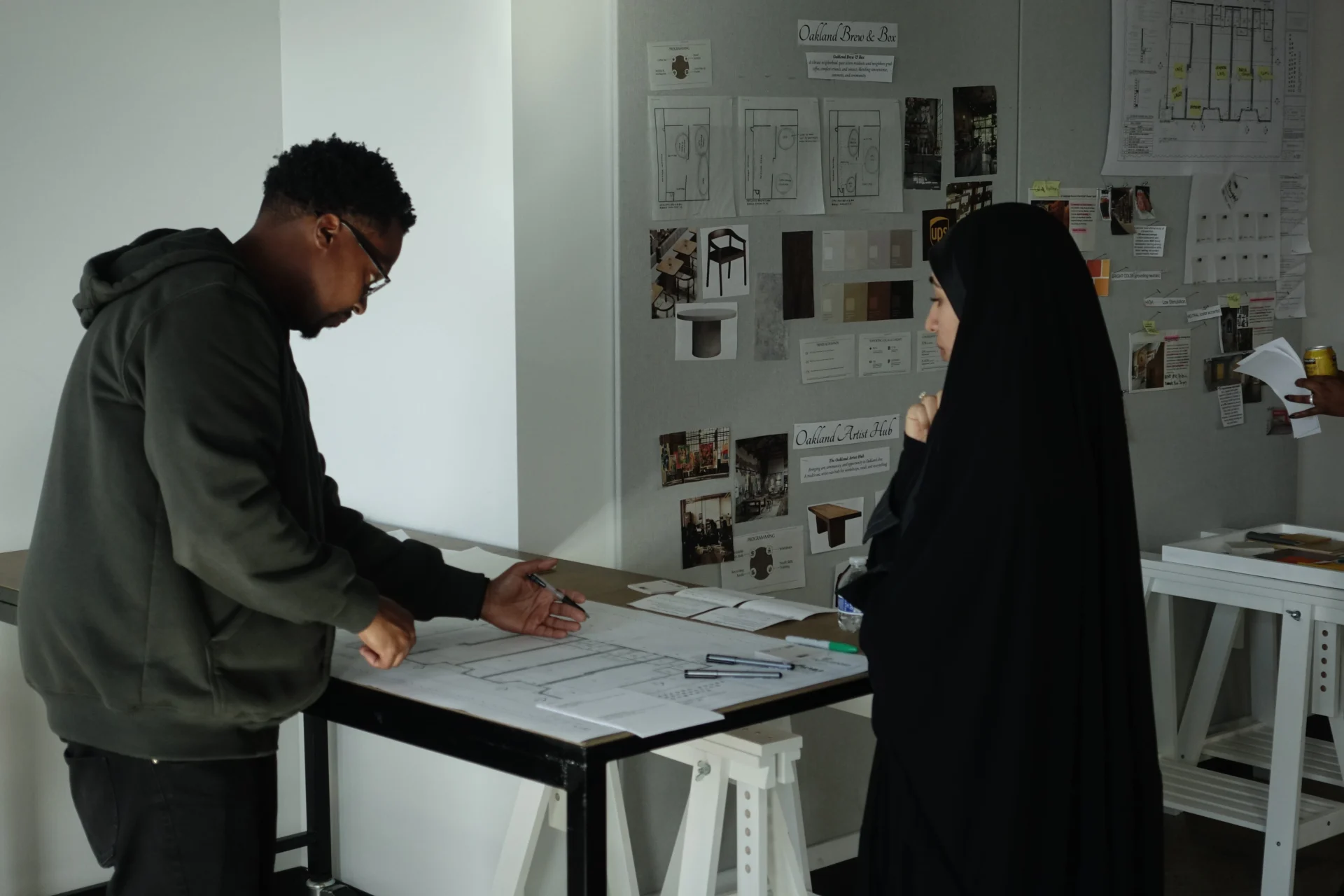Two people looking at interior design plans
