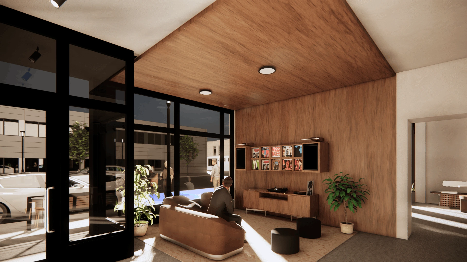 Conceptual rendering of a seating area with a record player and couches