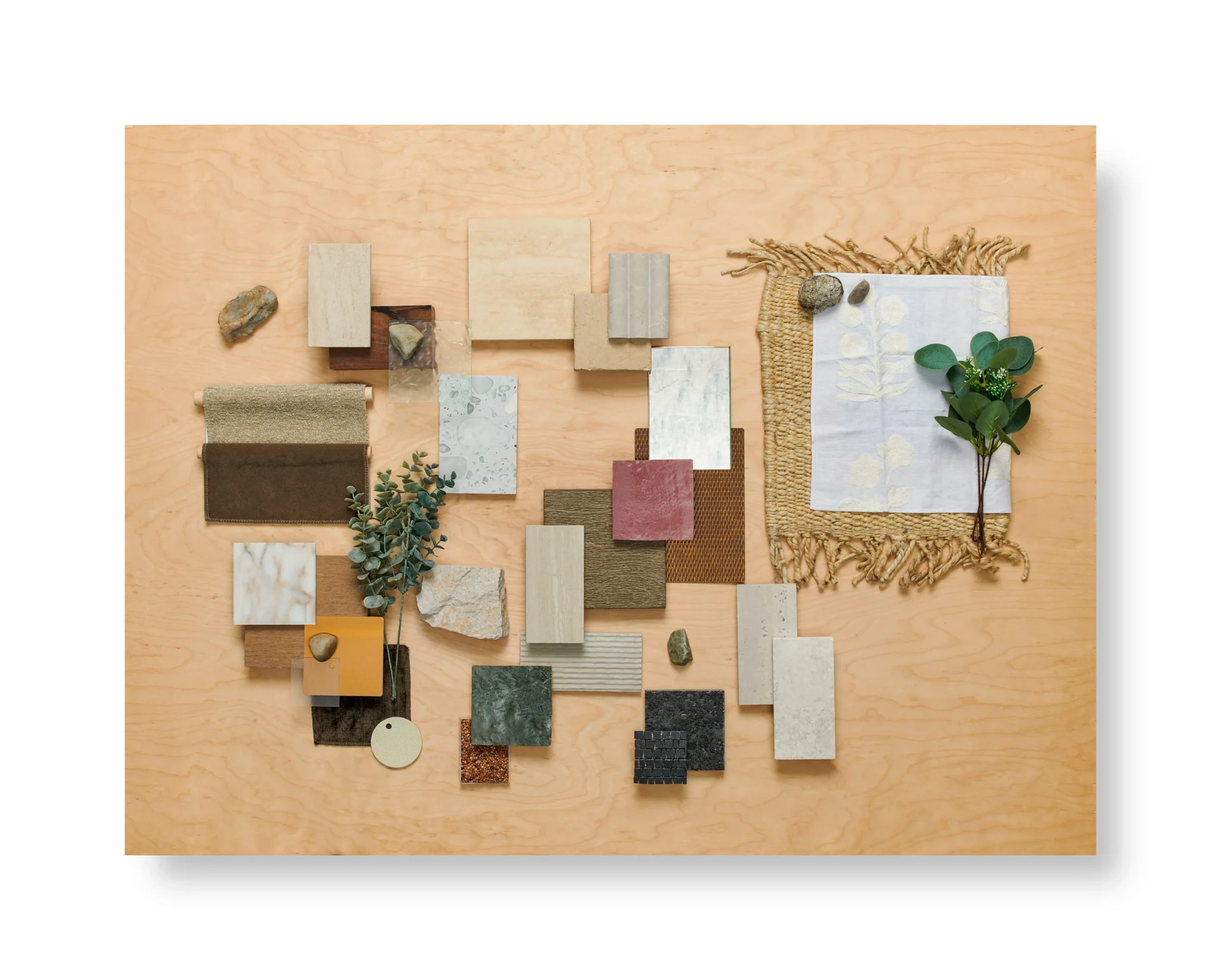 Material Tray - fabric swatches, tile, metal, wood samples