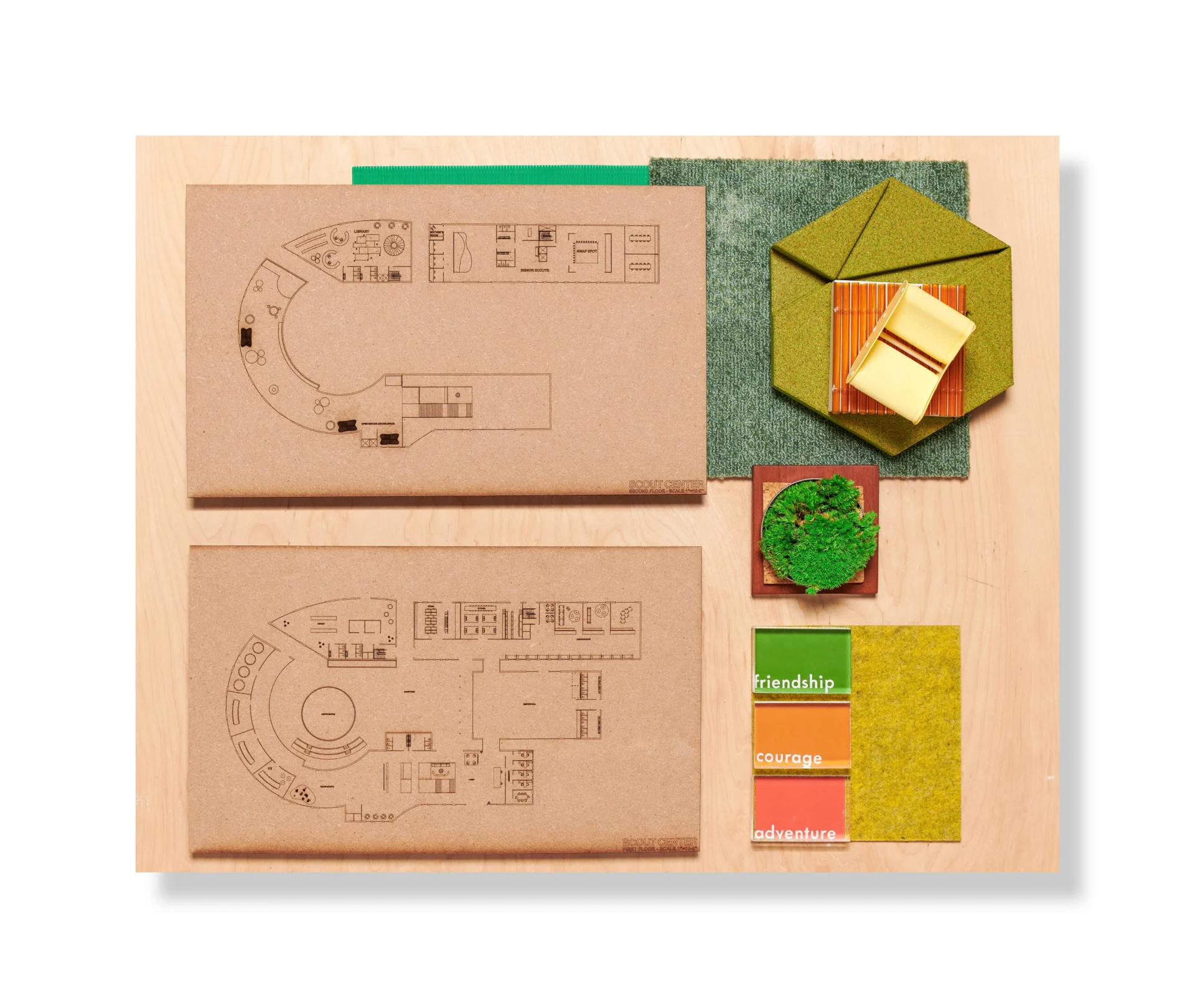 Material Tray - fabric, paint swatches and laser etched architectural layout