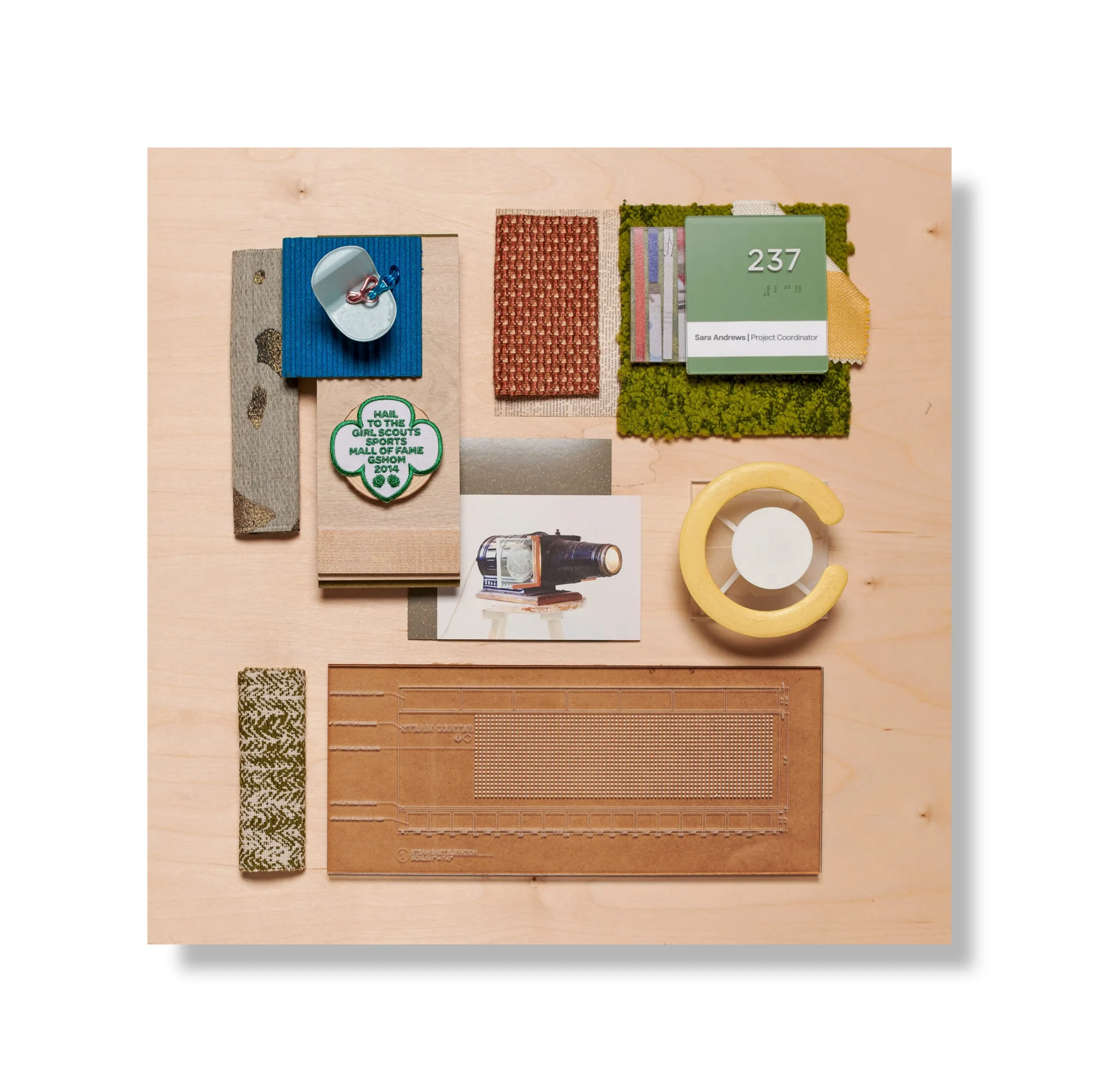 Material Tray - fabric, paint swatches and laser etched architectural layout, miniature model