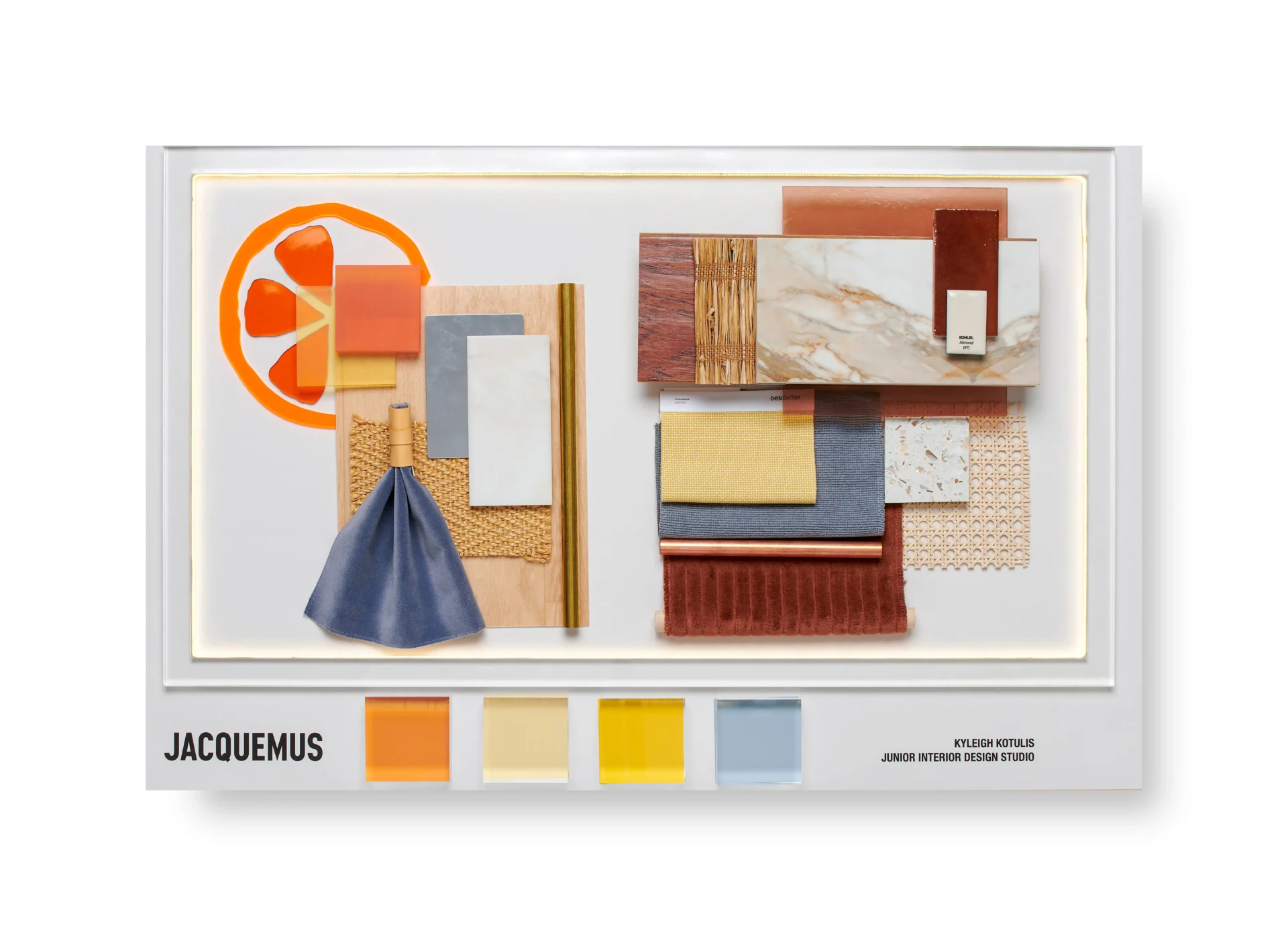 Material Tray - fabric swatches, tile, metal, paint, stone samples