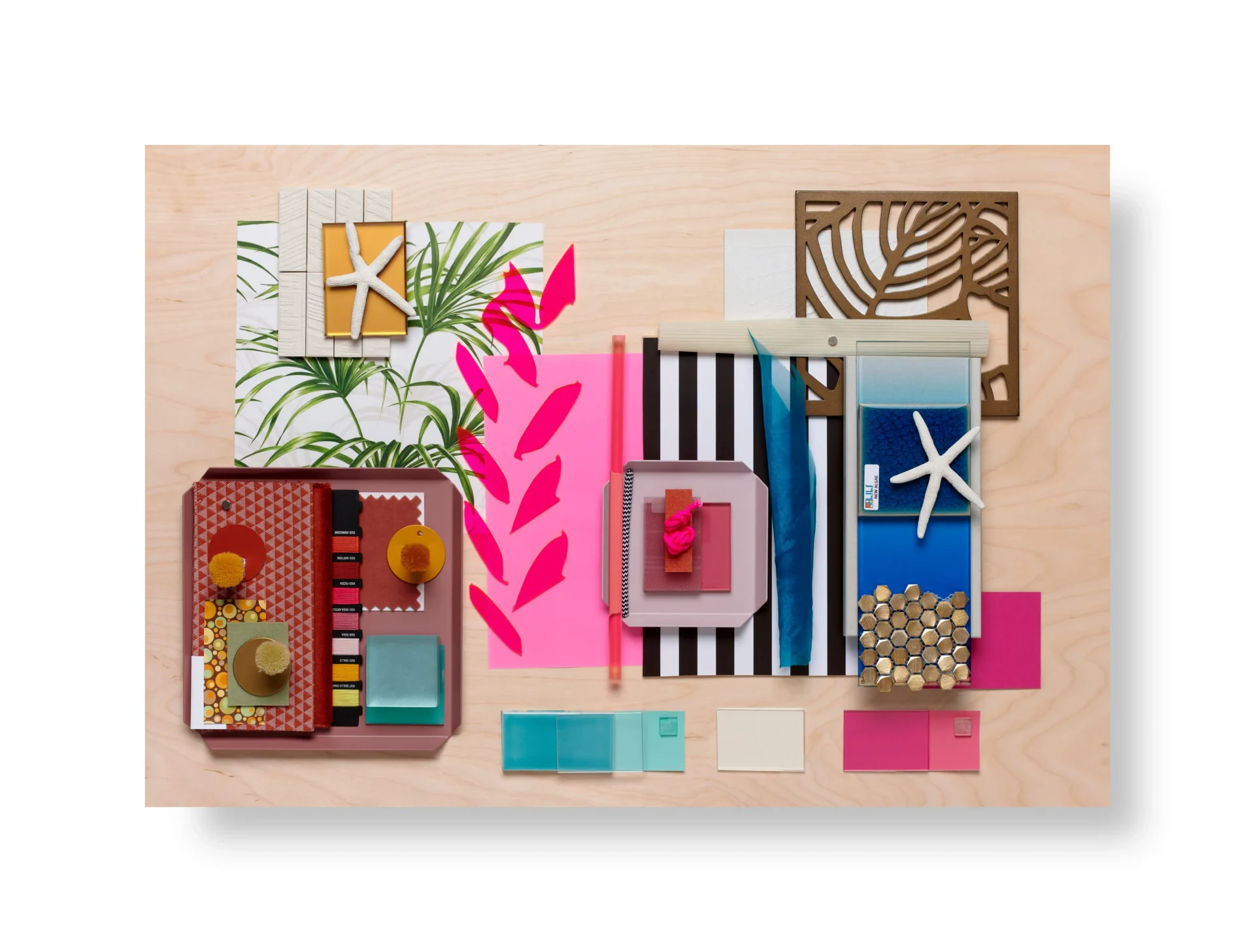 Material Tray - fabric swatches, tile, metal, paint, wallpaper samples