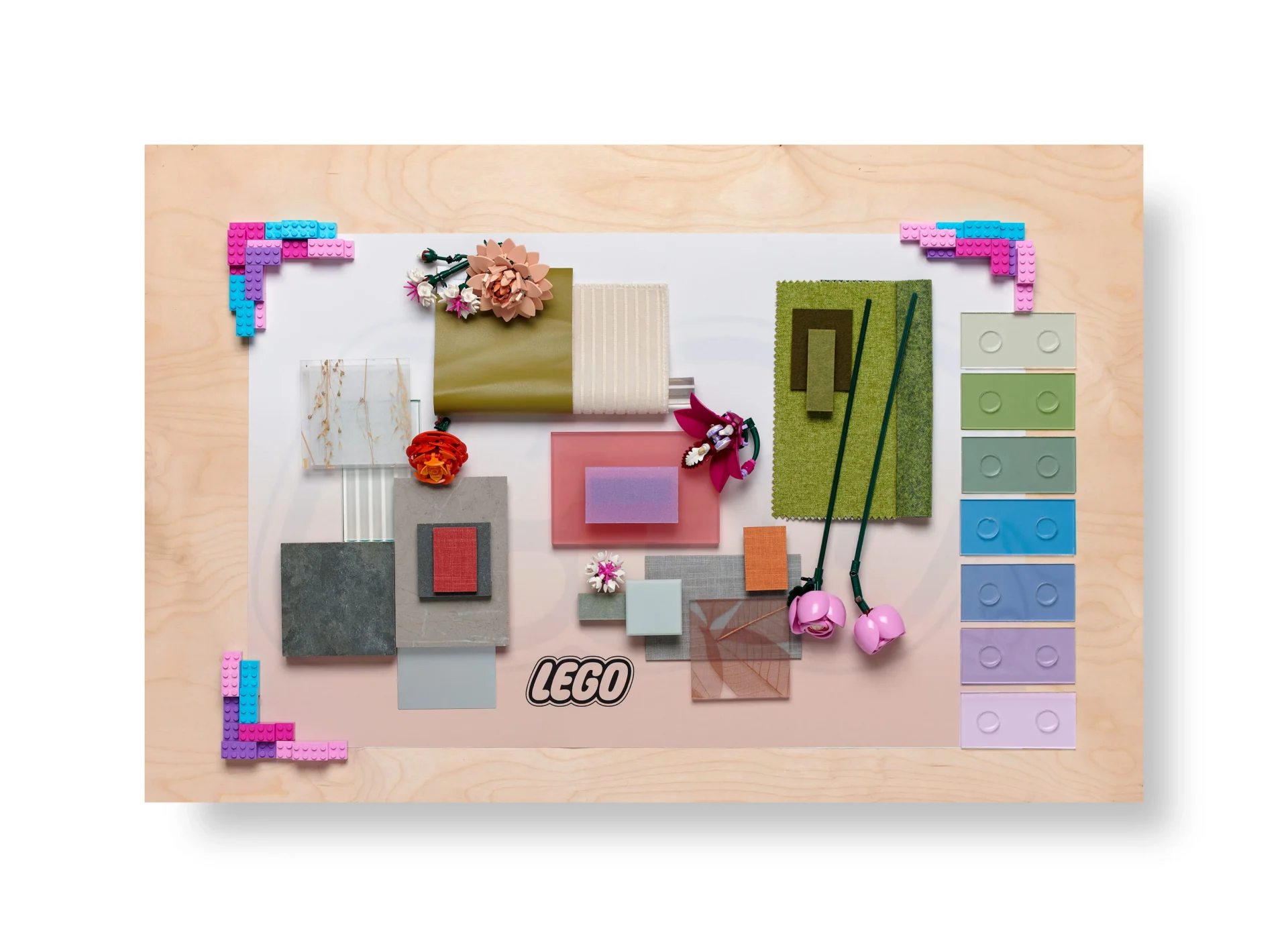 Material Tray - fabric, tile swatches, lego pieces