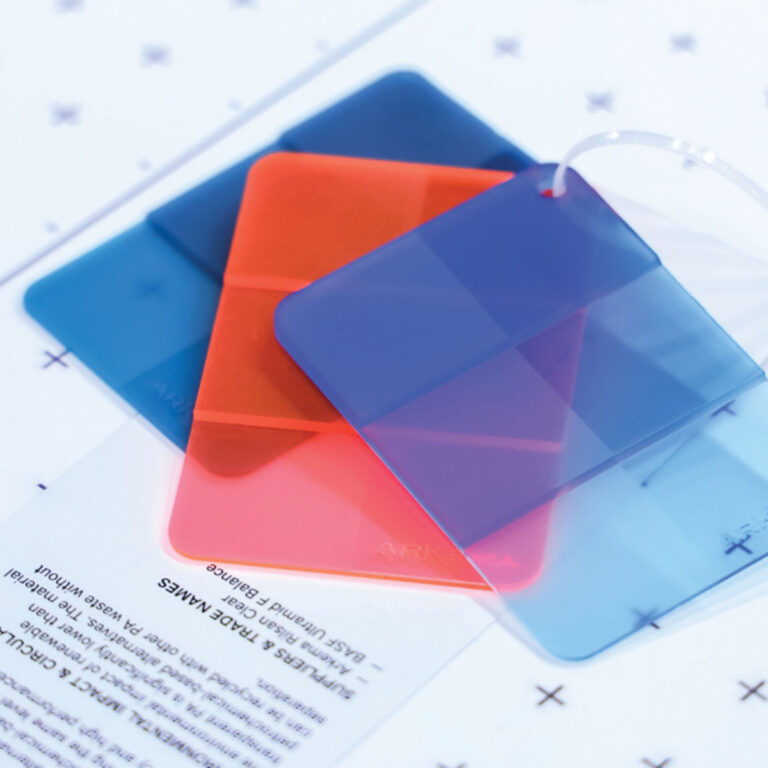 Blue and pink clear materials over a white background