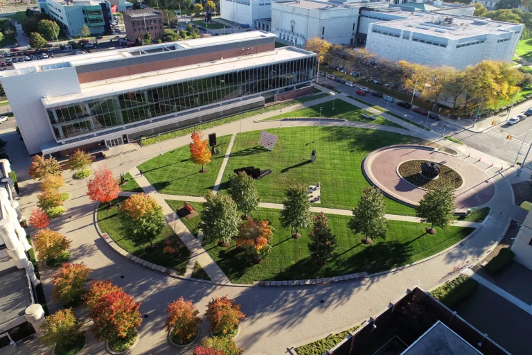 An aerial view of Ford campus