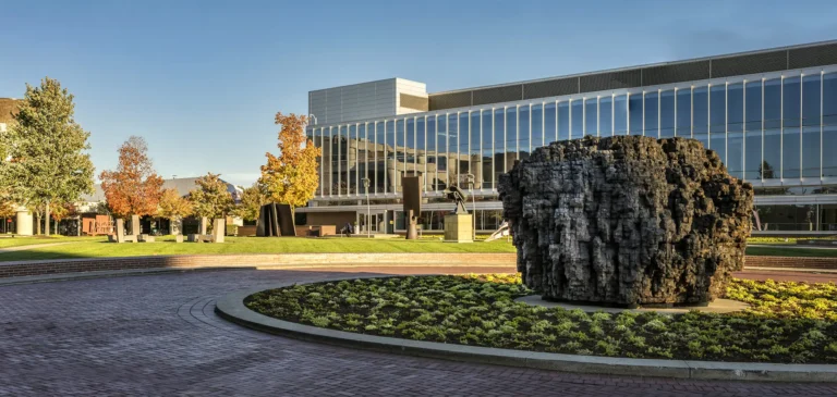 A shot of the rock in front of the Kresge Ford Building on the Ford Campus