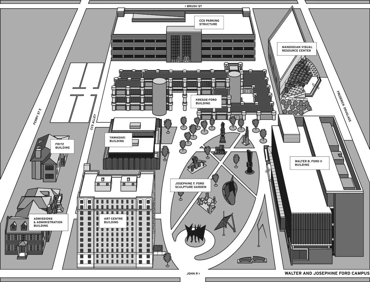 A simple greyscale map of the Ford Campus