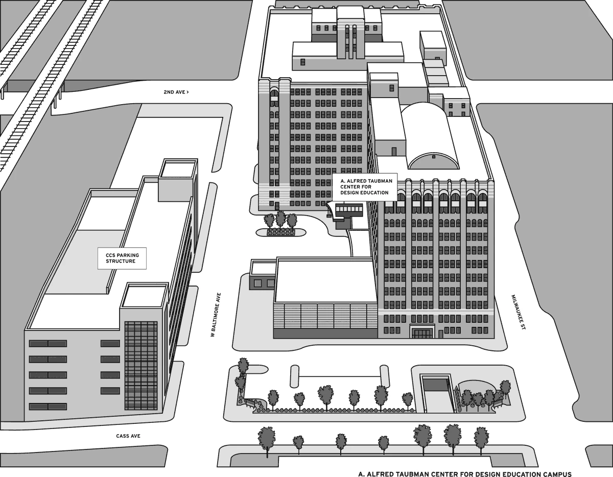 A simple greyscale map of the Taubman Center and surrounding area