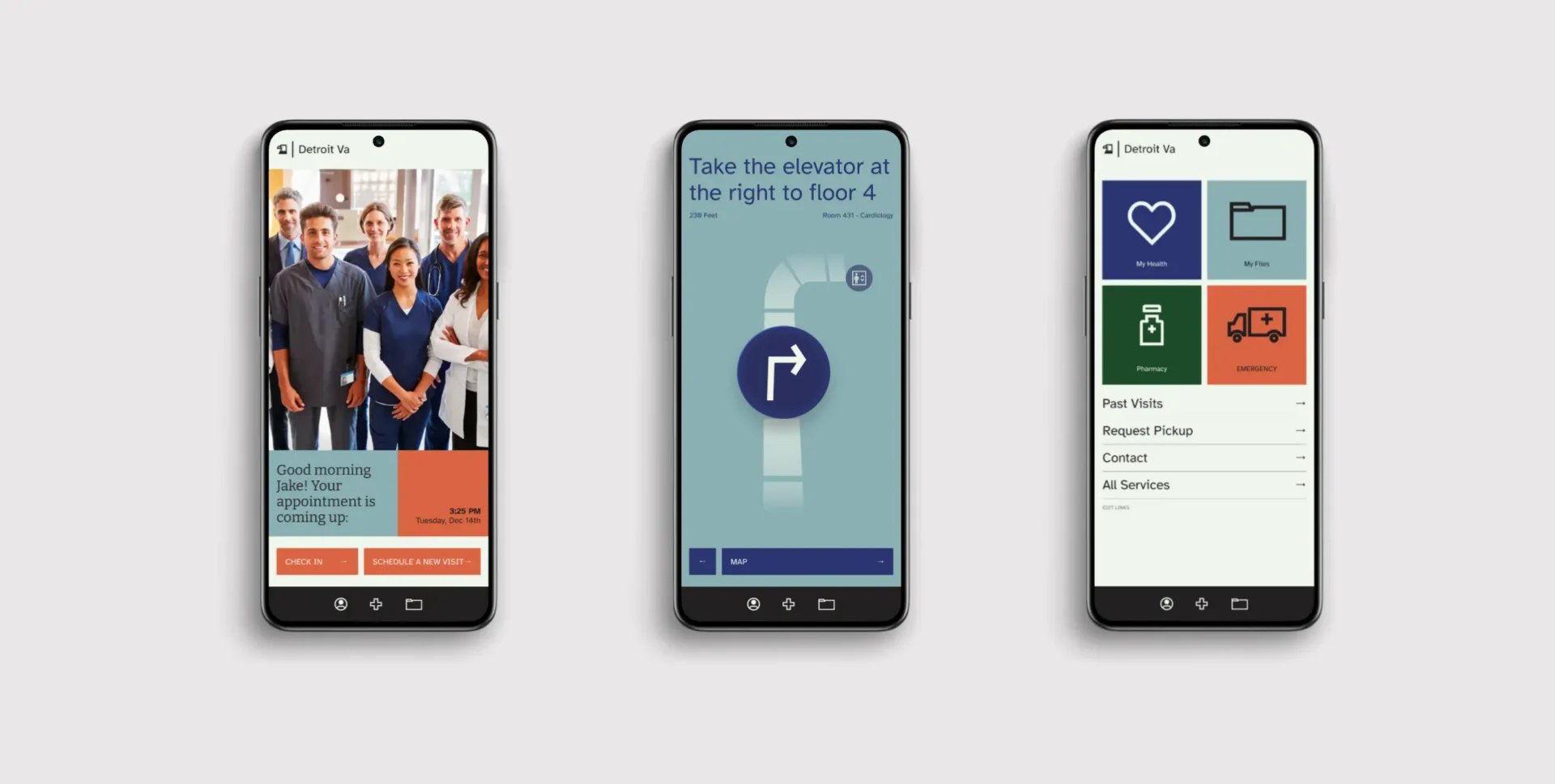 Three mobile screens for the new VA app, showing different features such as way finding, patient portal and website
