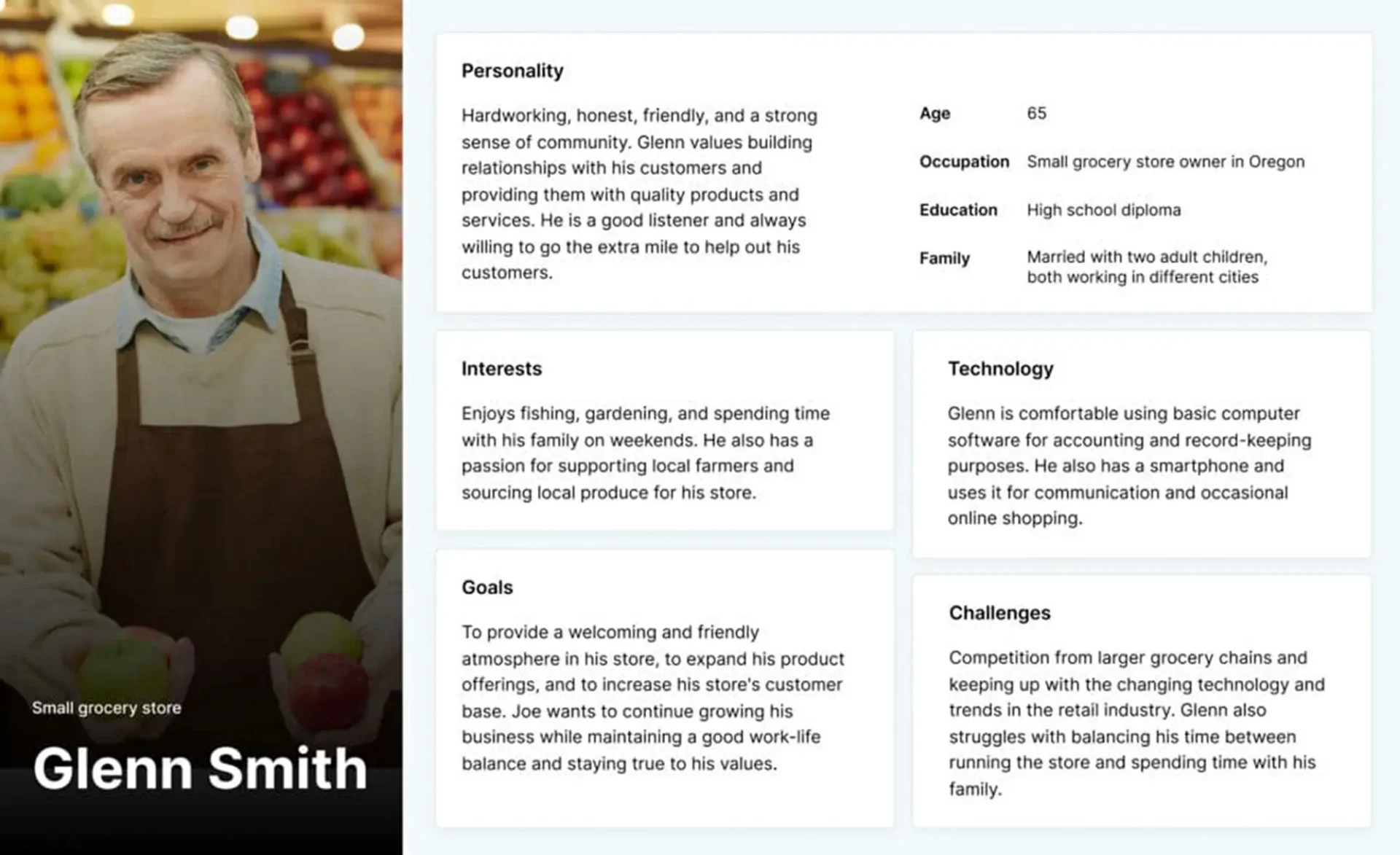 A user persona for a small grocery store worker named Glenn Smith
