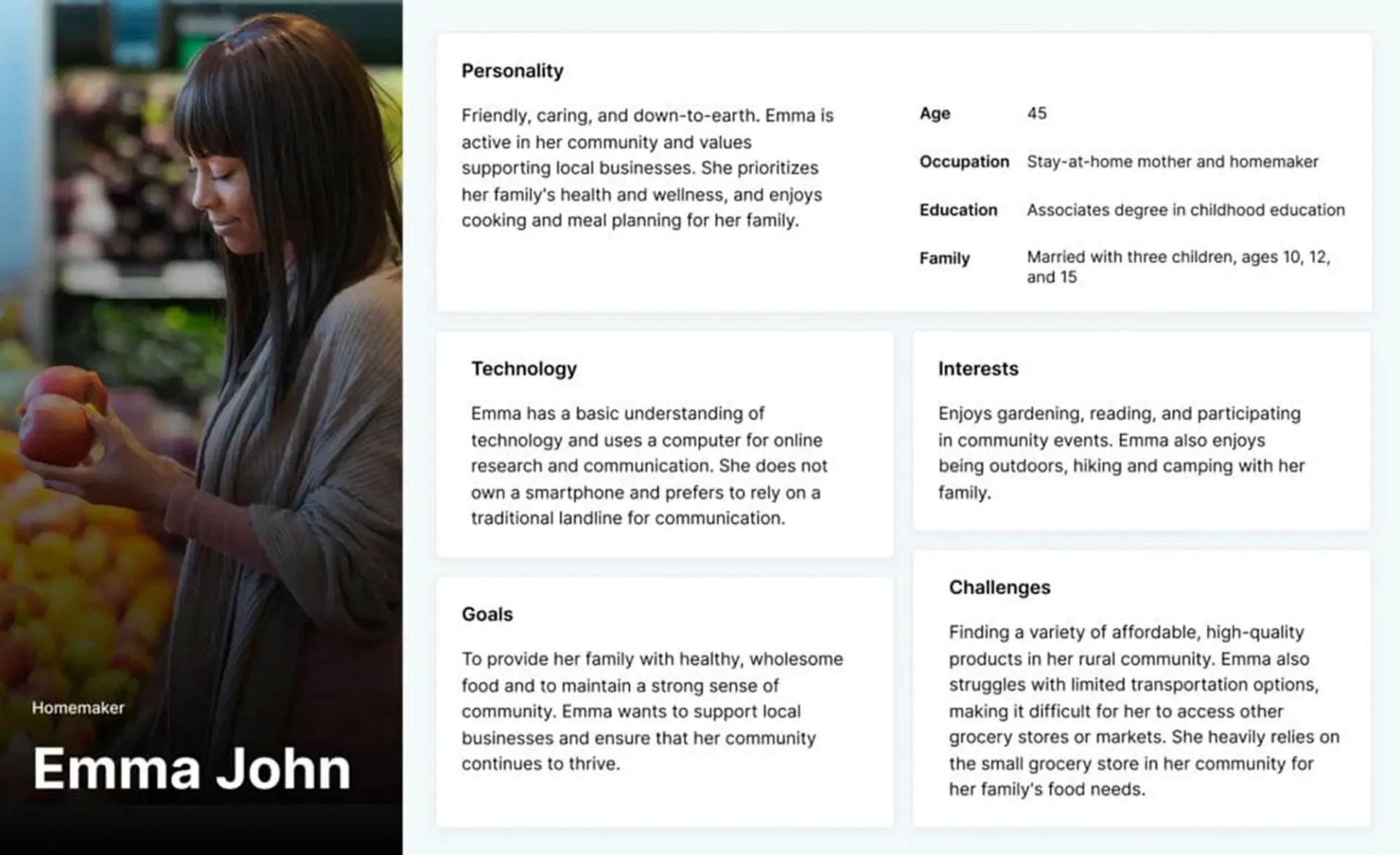 A user persona for a homemaker named Emma John