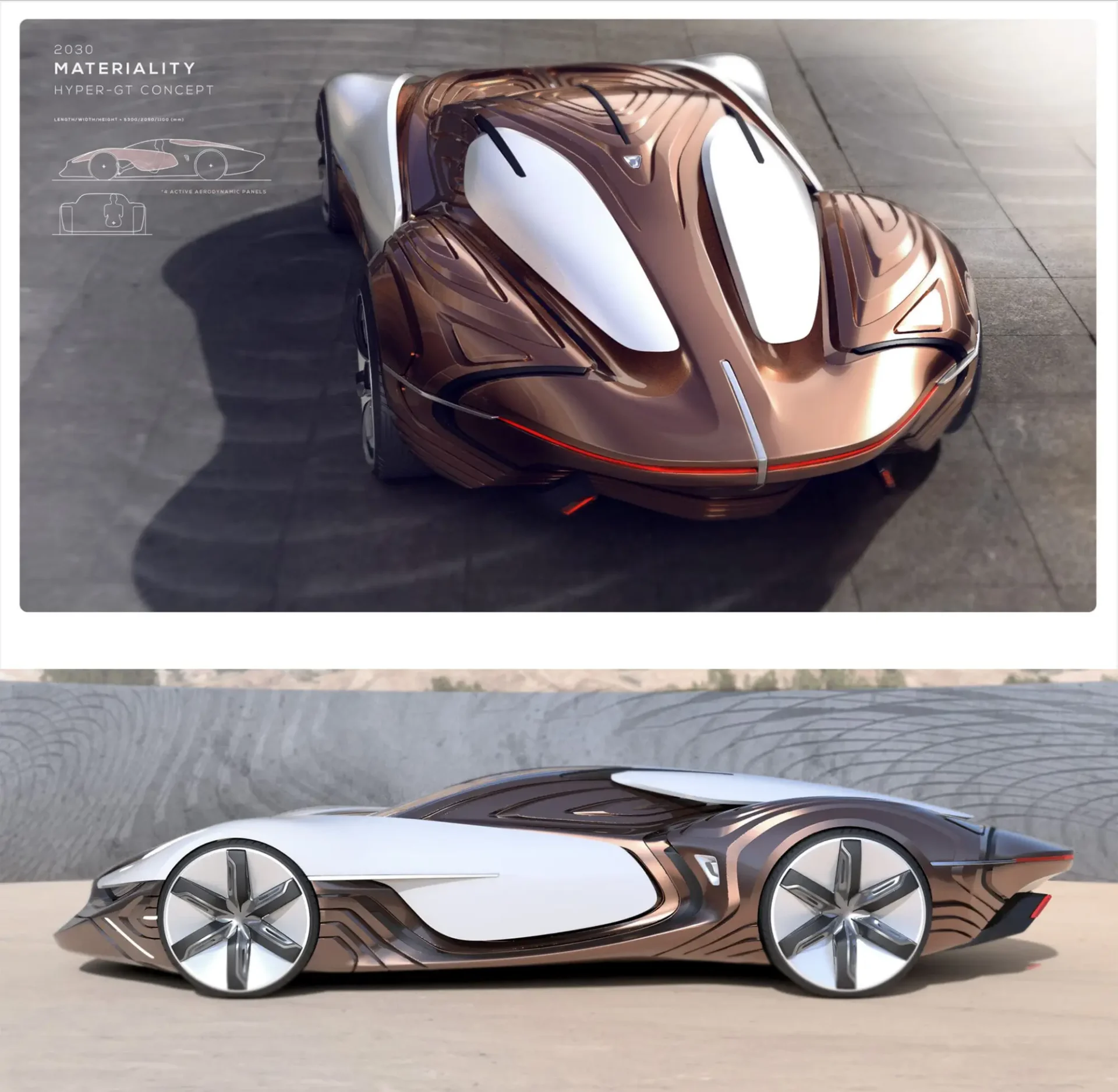 Final renderings. Automotive design sketches and interior 3D renderings where the synthesized "Nature +" materials are applied directly onto vehicular surfaces—such as the dashboard, side door panels, and center console—to demonstrate a cohesive premium vehicle interior.
