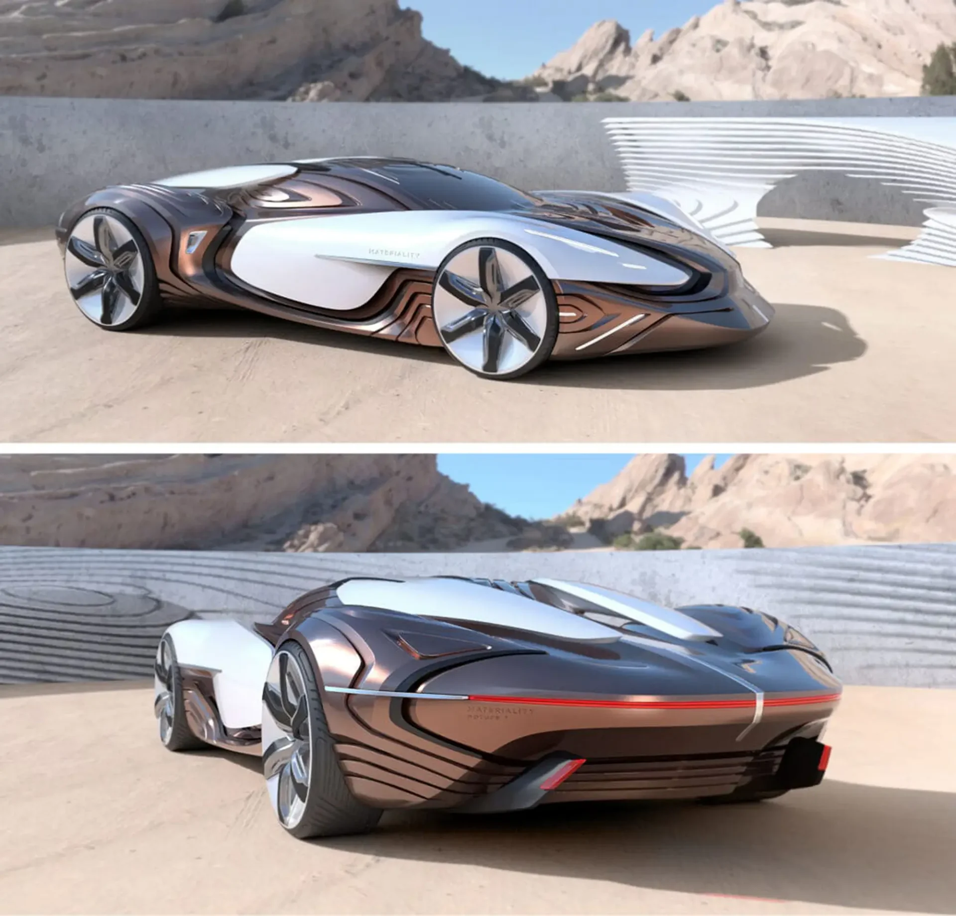 Final renderings. Automotive design sketches and interior 3D renderings where the synthesized "Nature +" materials are applied directly onto vehicular surfaces—such as the dashboard, side door panels, and center console—to demonstrate a cohesive premium vehicle interior.