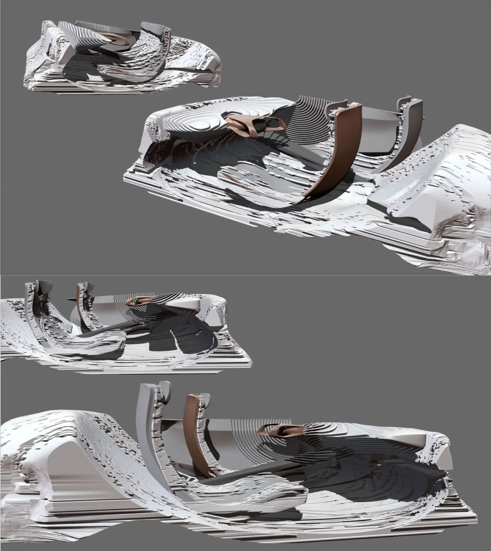 A presentation slide labeled "Phase 2," showcasing the digital transition of analyzed textures into virtual models. It includes computer-generated renderings mapping a simulated wood grain pattern onto multi-dimensional surface textures, exploring how tactile physical qualities look under different virtual lighting conditions.