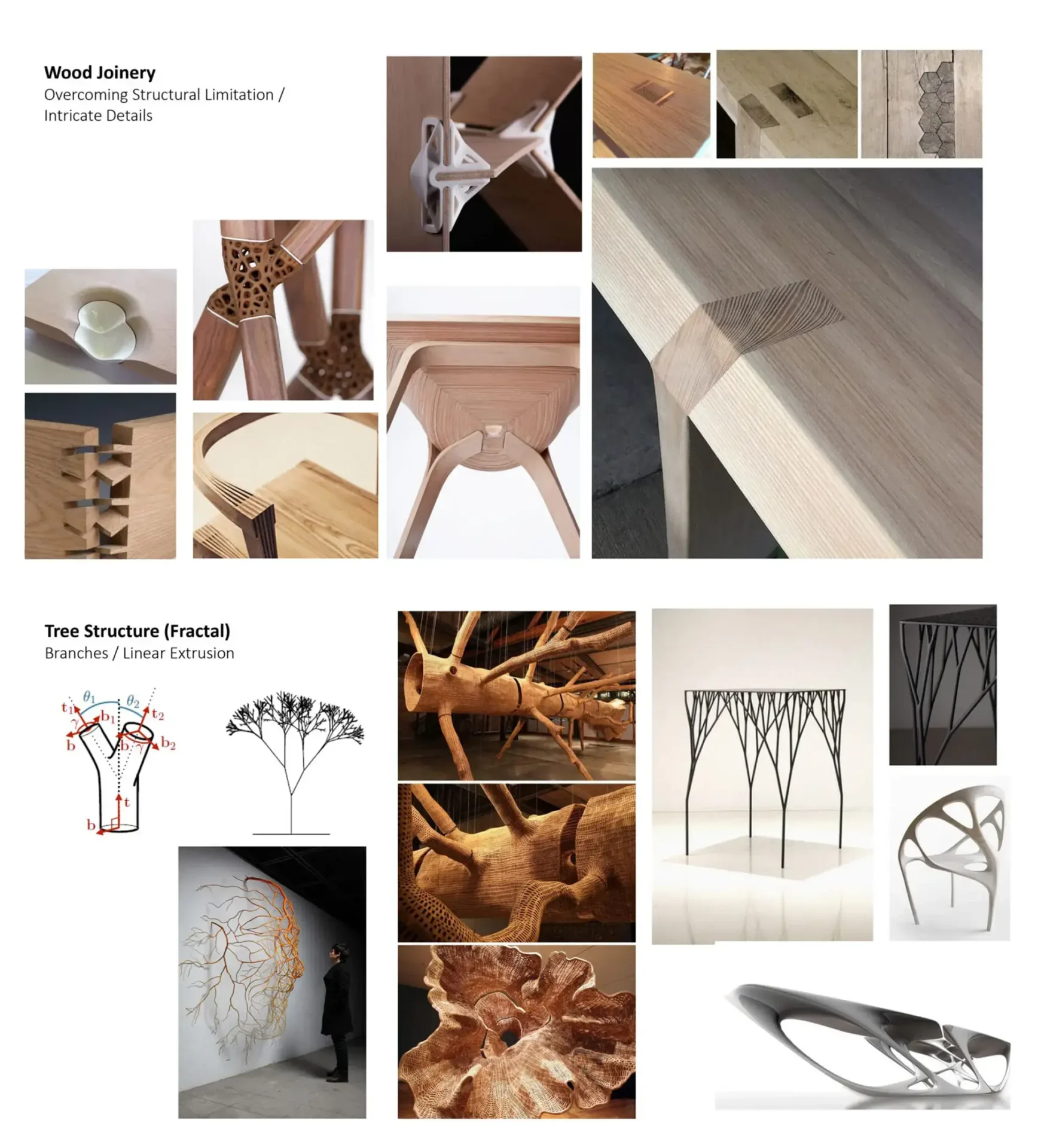 A collection of digital renderings highlighting abstract, flowing organic forms generated by algorithms, simulating natural textures like carved wood and layered fiber to explore new interior automotive styling possibilities.