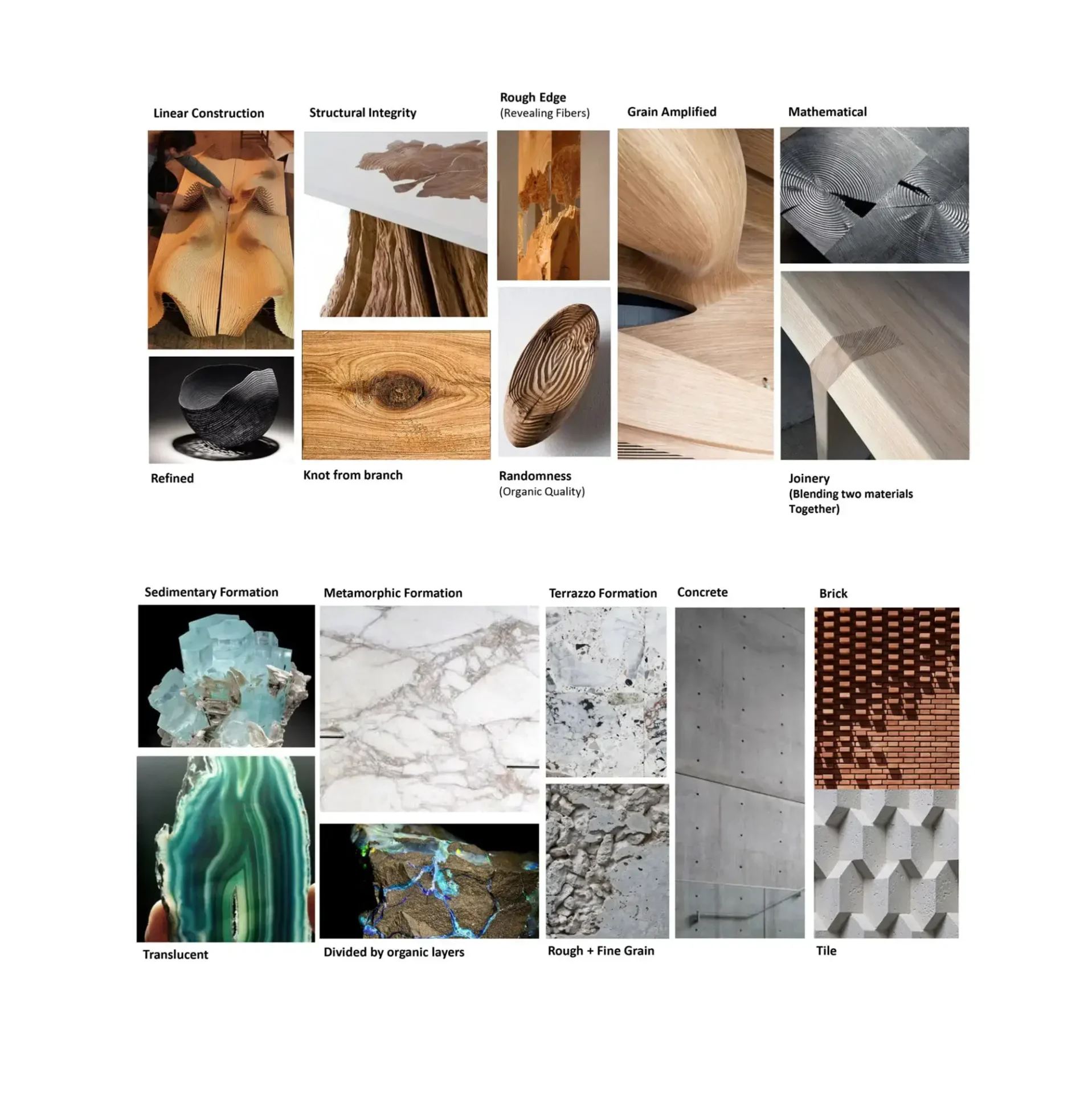 A collection of digital renderings highlighting abstract, flowing organic forms generated by algorithms, simulating natural textures like carved wood and layered fiber to explore new interior automotive styling possibilities.