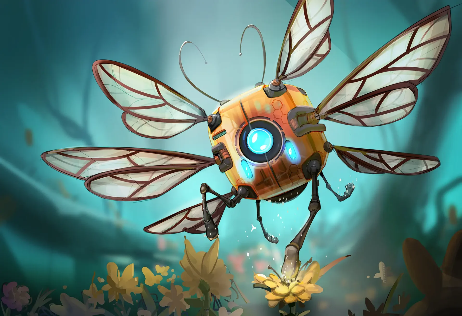 An illustration of a block camera with many wings shooting out of the sides so it resembles a bug.