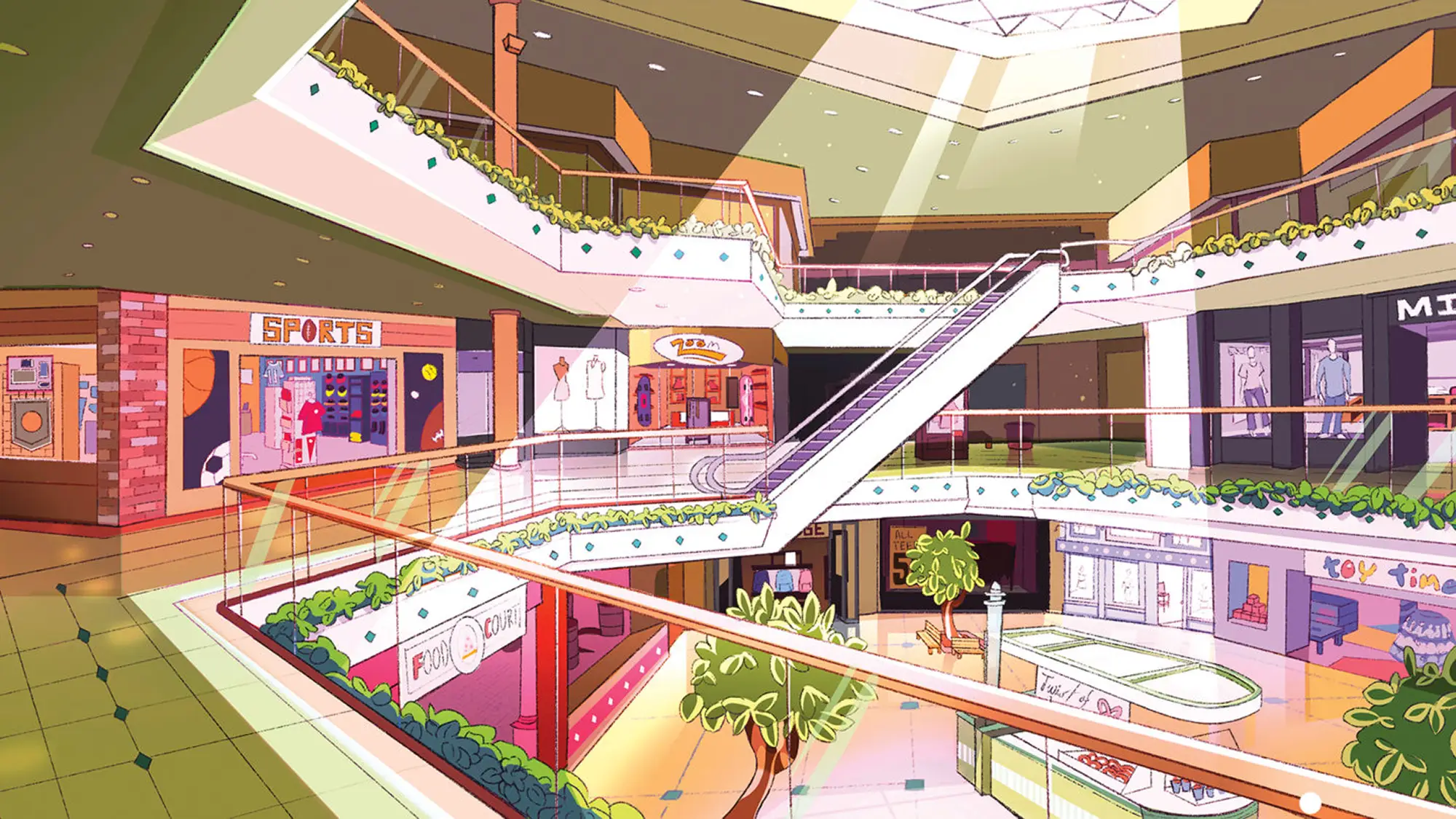 An illustration of the inside of a mall. There are many store fronts, 3 levels, and a row of stairs connecting the levels. There is a skylight with light shining down into the mall