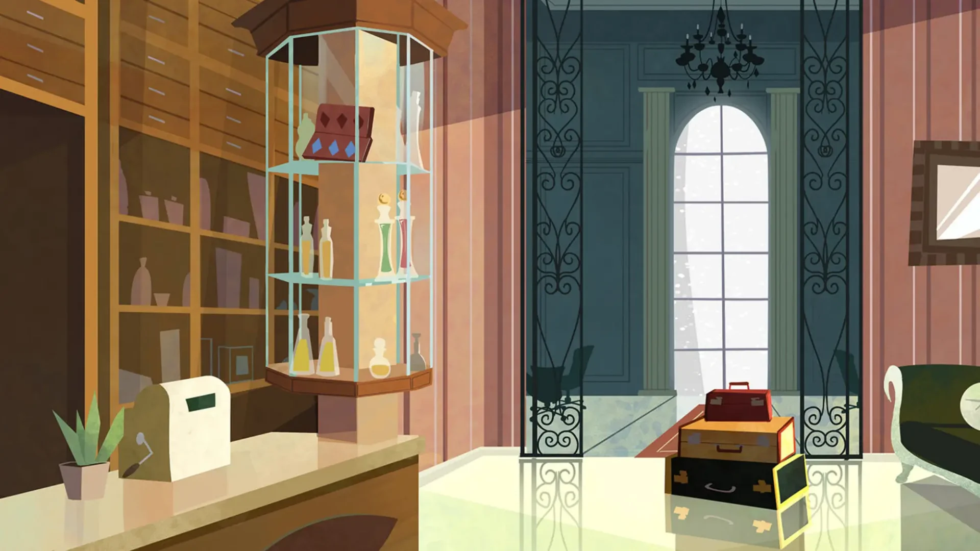 An illustration of a store lobby. There is a desk, a stand with bottles and a large stack of suitcases in an entryway