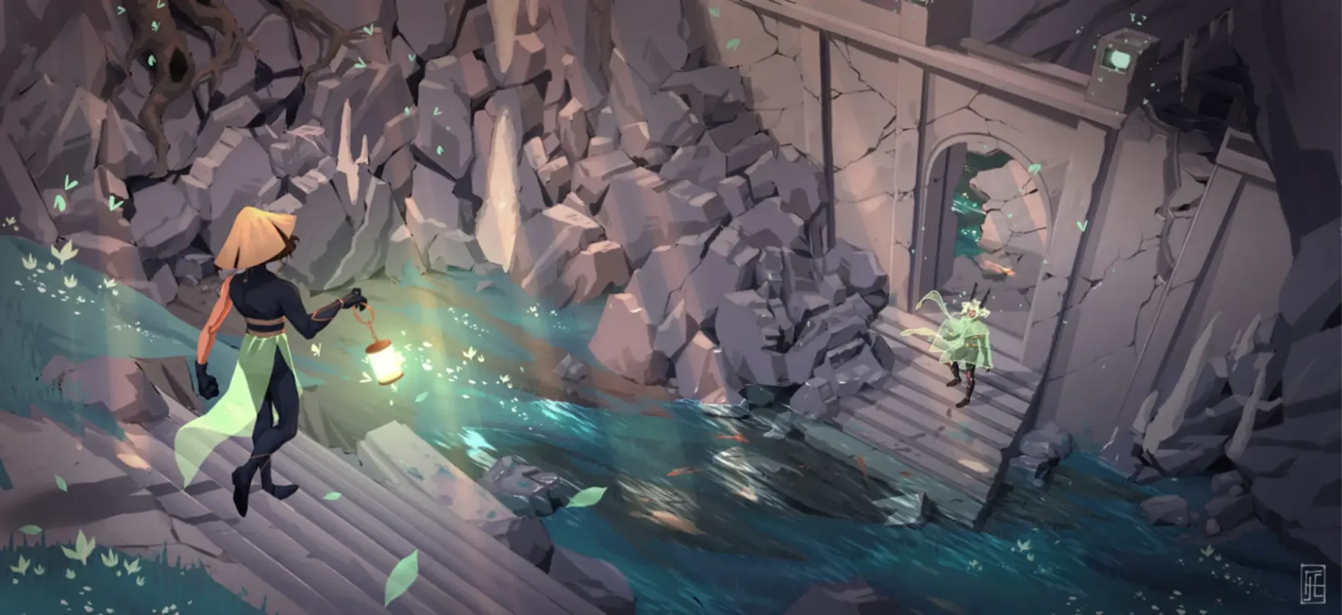 A digital illustration of a character walking down stairs, carrying a swining lantern, towards a building where another character is waiting for them.
