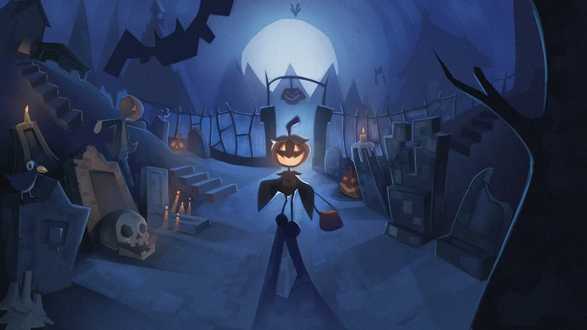A happy-looking pumpkin character standing in the middle of cemetery. It's night, and a dim light from the moon illuminates the character and some of the surround cemetery