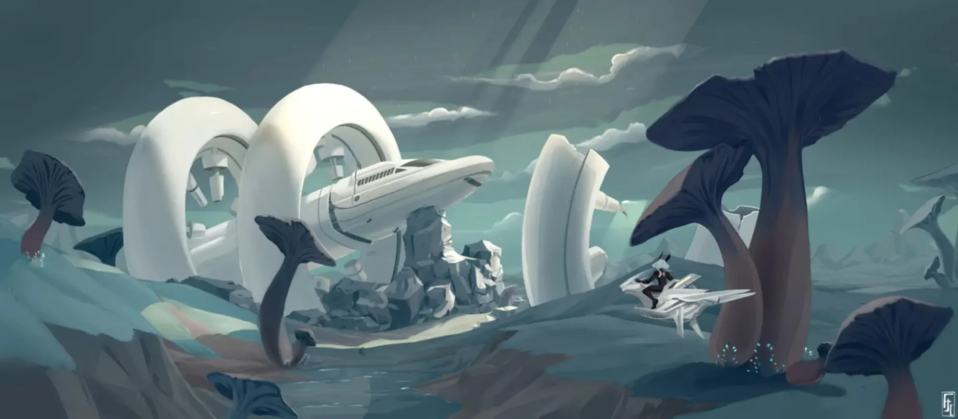 A digital illustration of a spaceship that is propped up on some rocks, surrounded by several large white rings. A character flying on a small craft is moving towards the ship in the foreground. There are large mushrooms the size of trees surrounding the area.