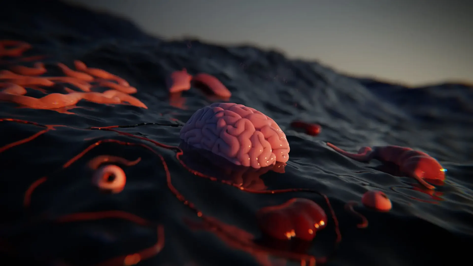 A detailed rendering of a brain and other matter floating in dark water
