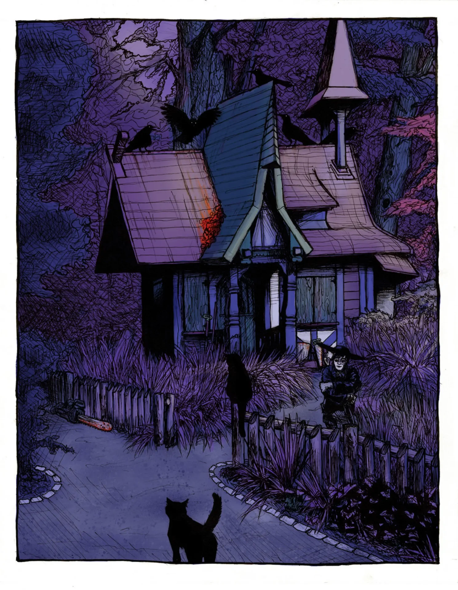 An illustration of a spooky house in the woods. There is a woman in black standing outside, looking at a black cat walking down the street towards the house