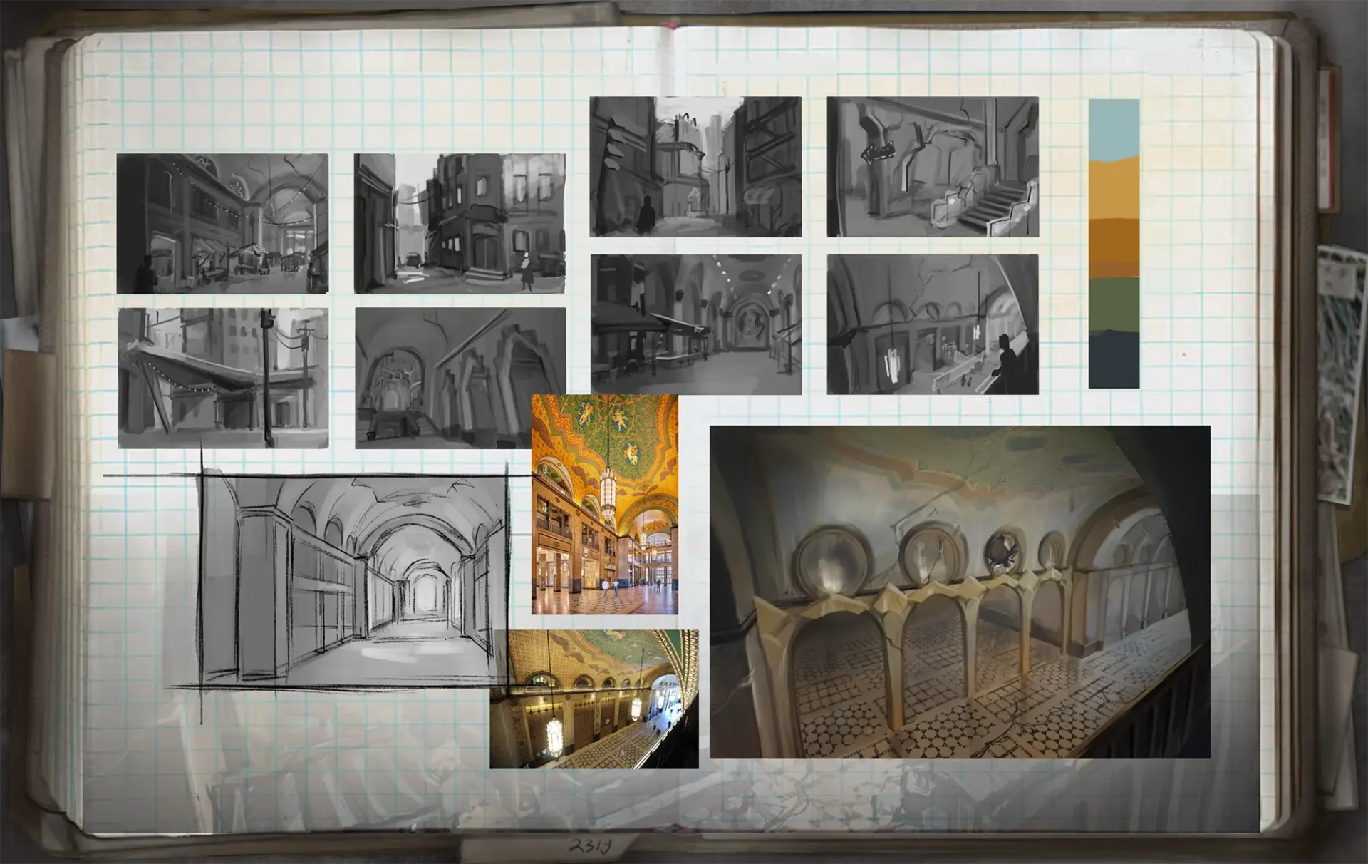 A series of sketches and renderings of video game scenes and world building