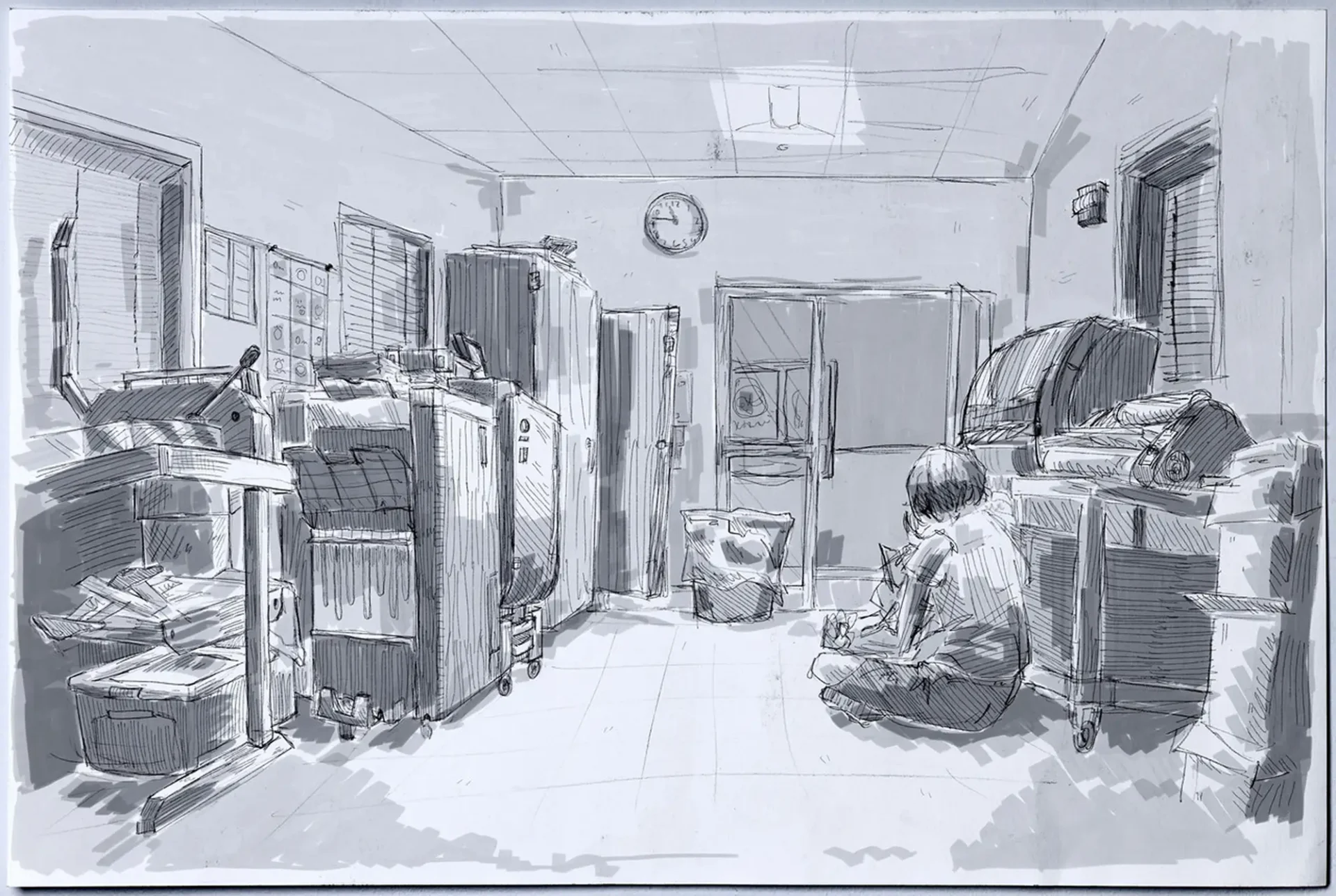A rough sketch of a person sitting down in a messy room
