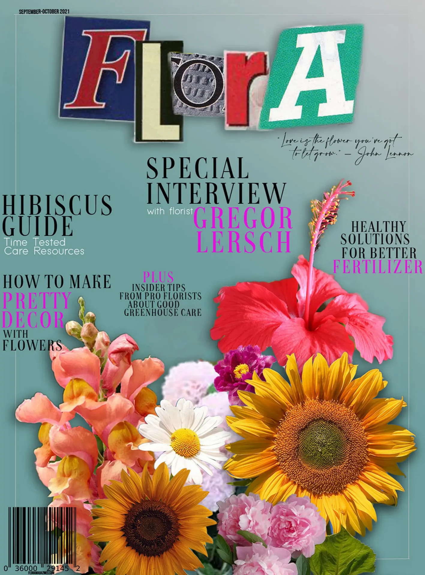 A mockup of a magazine cover featuring distinctive typography and images of flowers