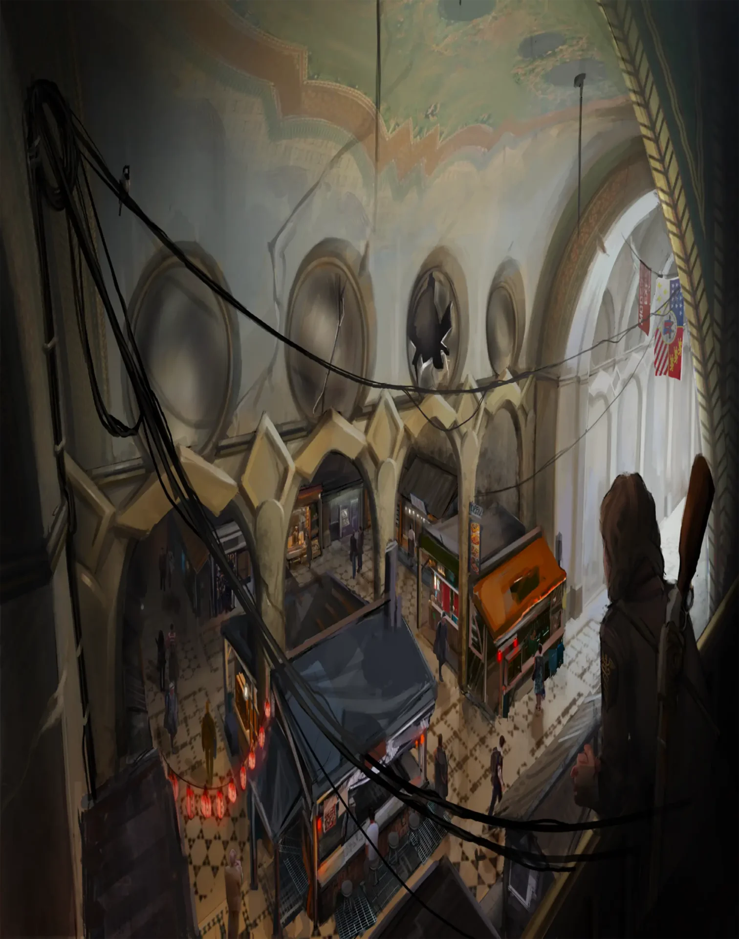 An illustration of a a figure looking over a balcony onto a room filled with people and tent stalls