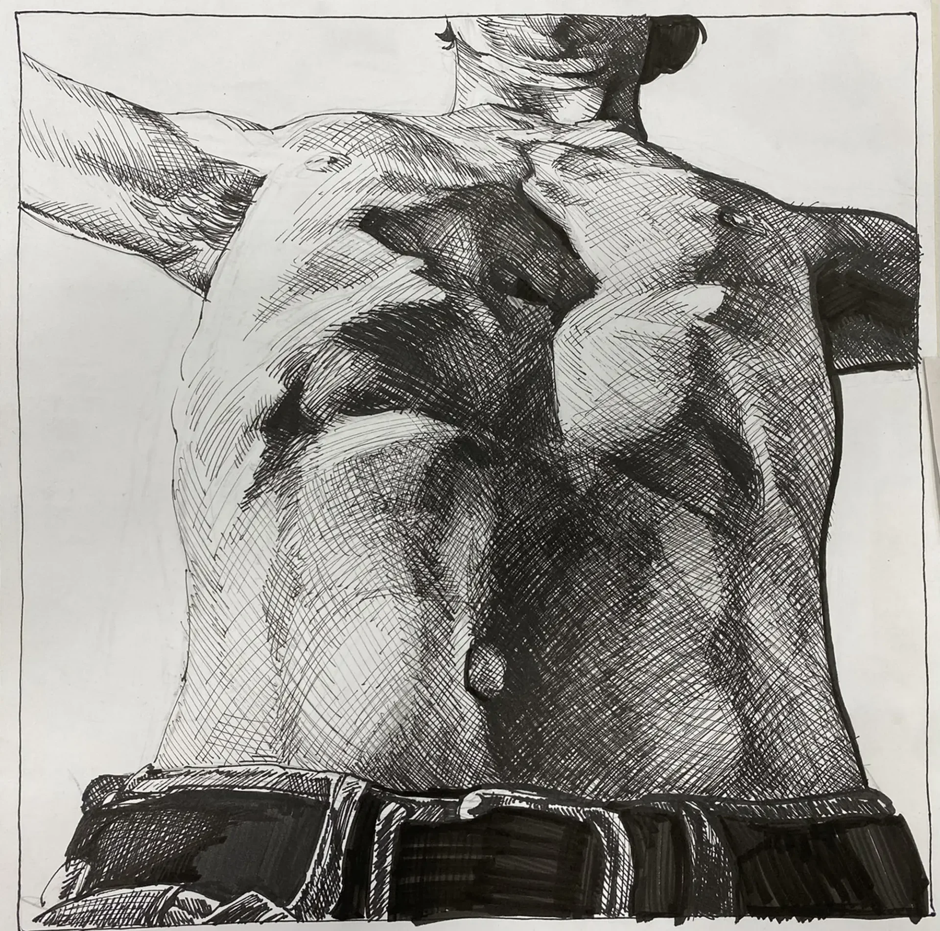 A crosshatching sketch of mans torso