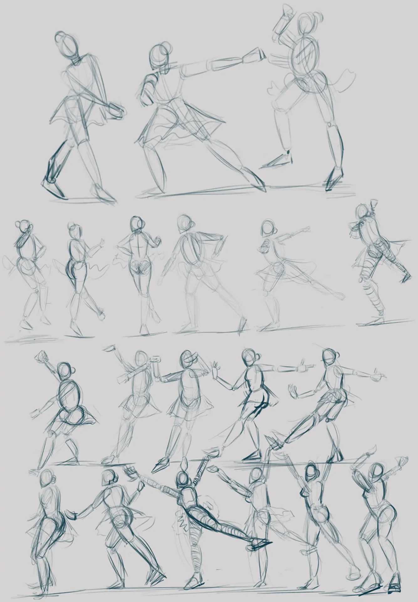Various sketches of a human figure in dancing poses
