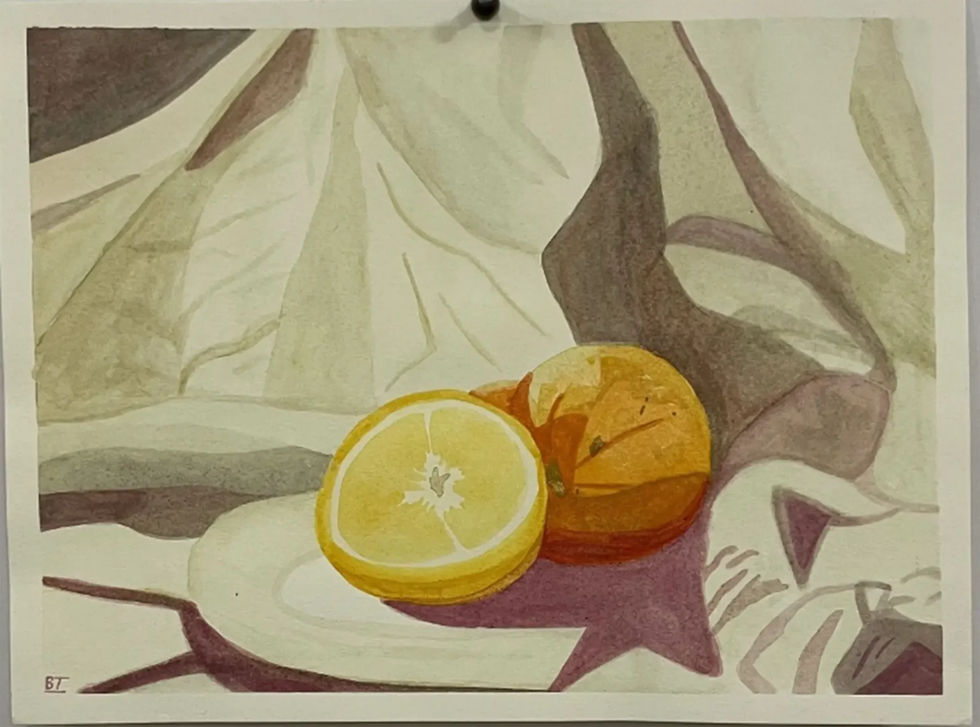 An illustration of an orange, slice in half, resting on a tapestry