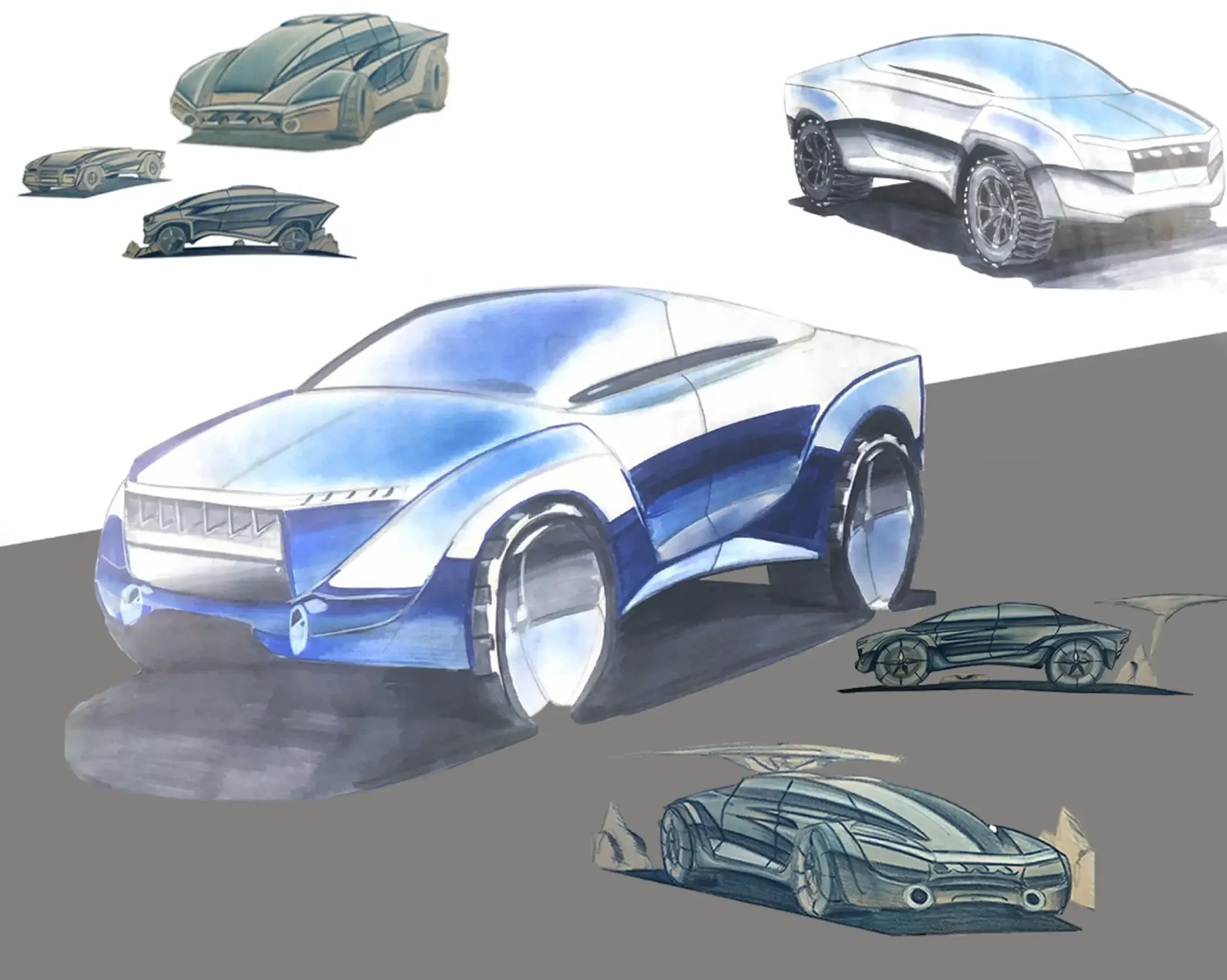 Detailed colored sketches of a concept car