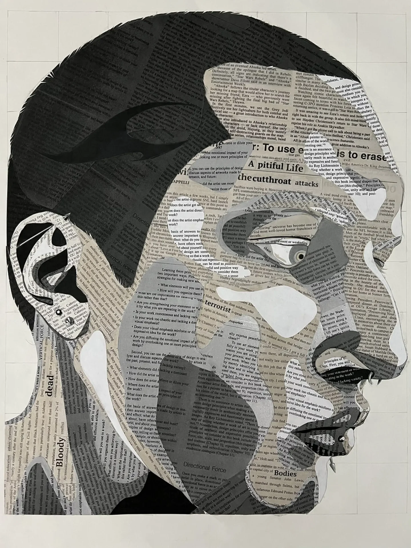A collage of a mans face overlaid and made with newspaper clippings