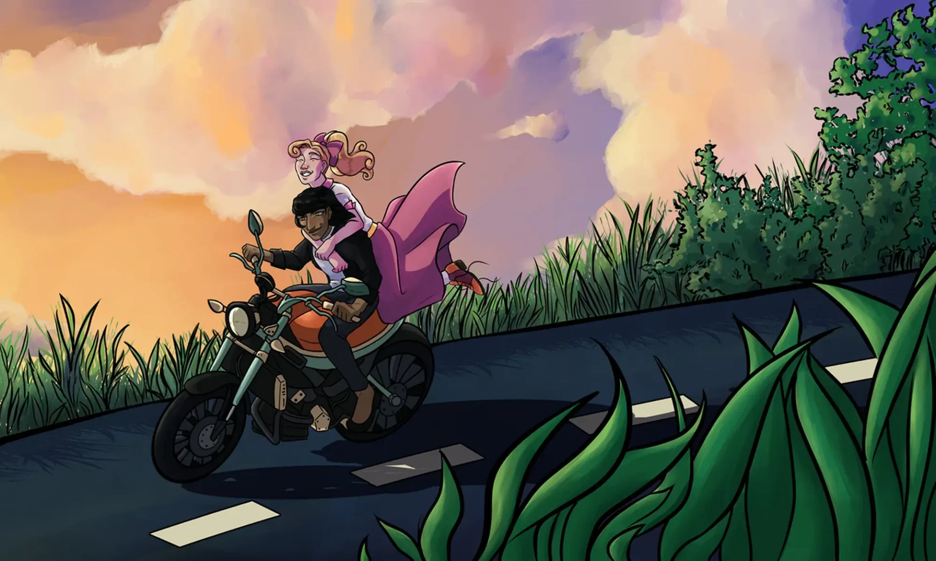 An illustration of a man and woman on a motorcycle driving though a green pathway at dusk