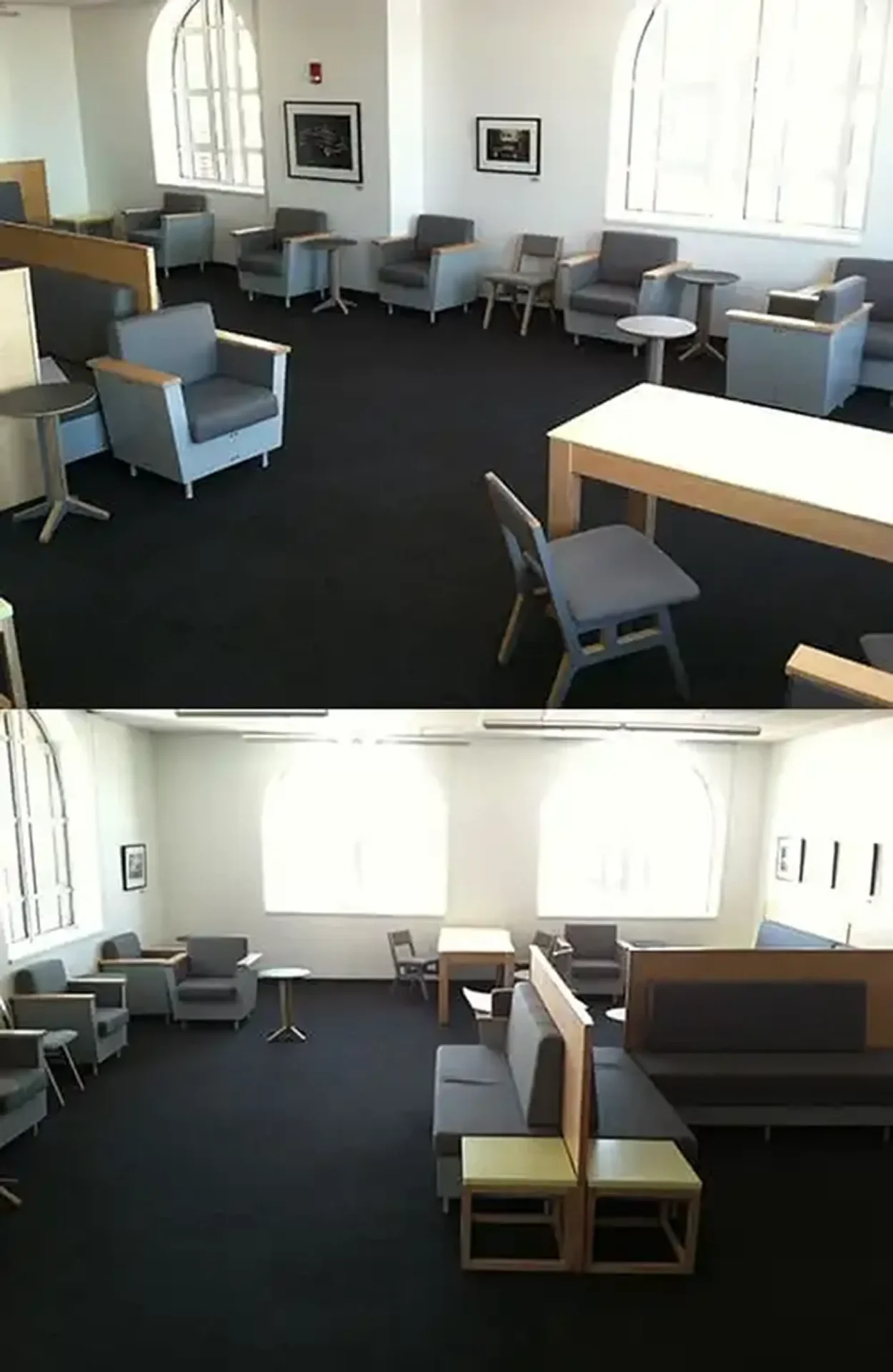 Two views of the Harley Earl Lounge, showing a quiet study space furnished with grey armchairs, study tables, and partitioned seating under large arched windows.