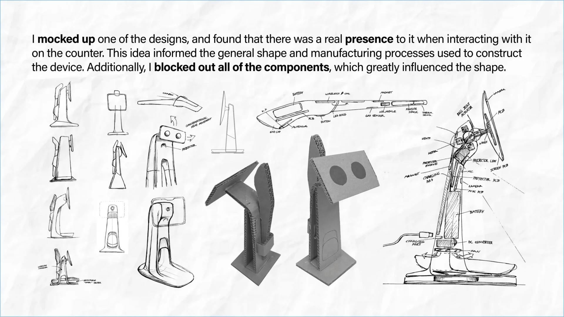 Concepts and early stage prototyping of the taste buddy. Various sketches and a cardboard prototype of the stand