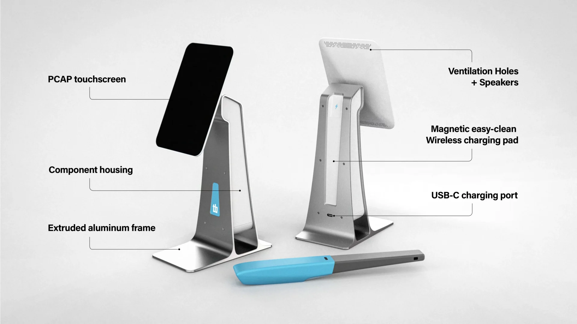 A detailed display showing the different features of the taste buddy, stand and scanner