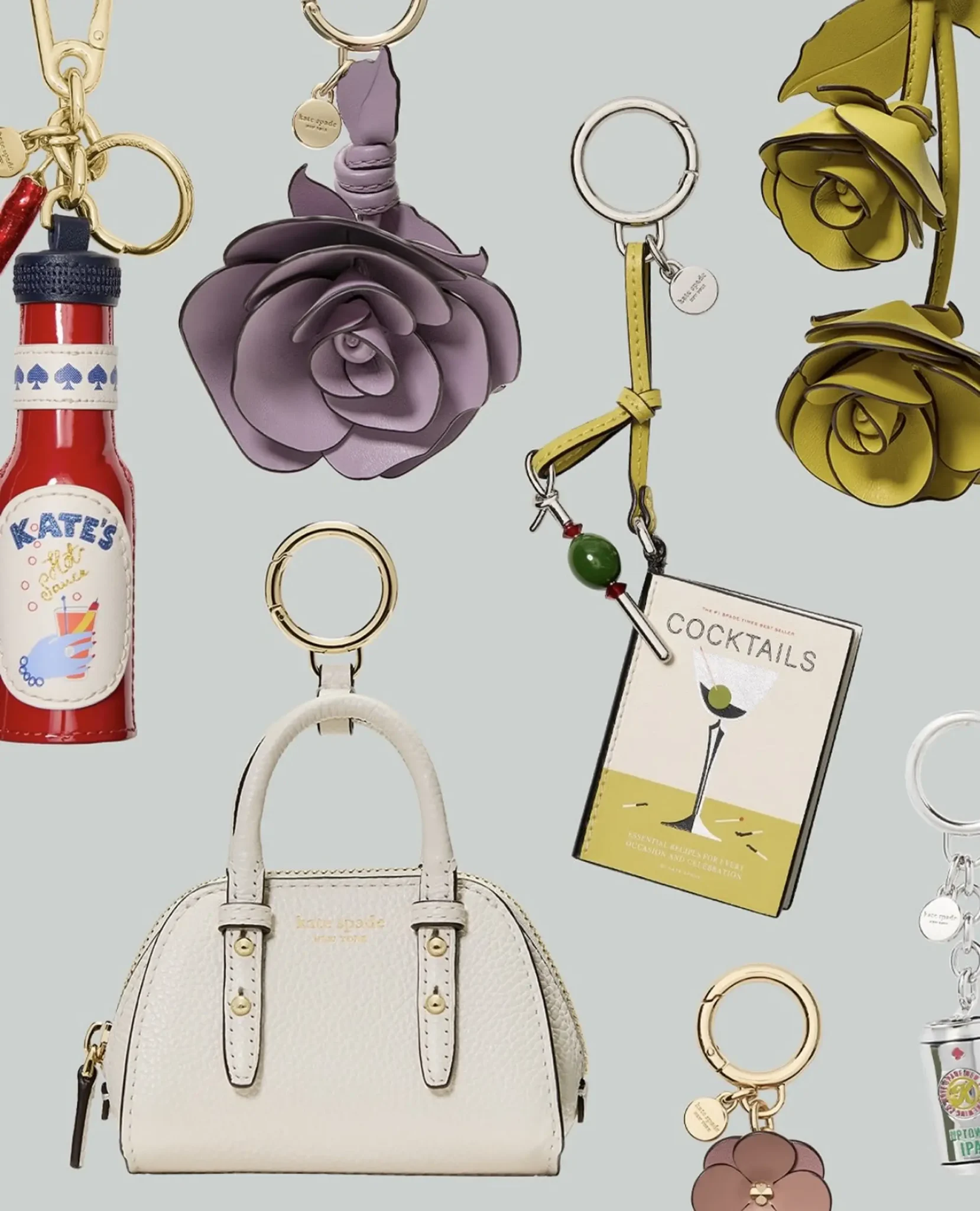 A group of differently designed charms; some are flowers, mini purses and tags