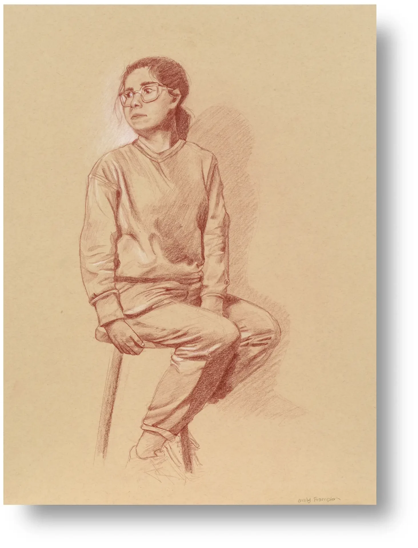 Figure drawing in red colored pencil on toned tan paper.