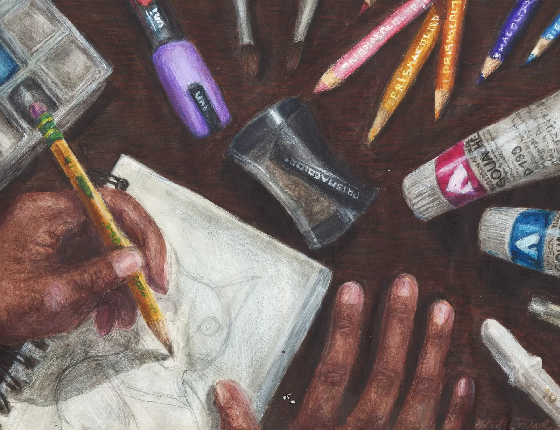 Colored pencil drawing of an artist drawing in a sketchbook.