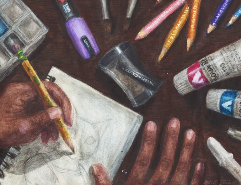 Colored pencil drawing of an artist drawing in a sketchbook.