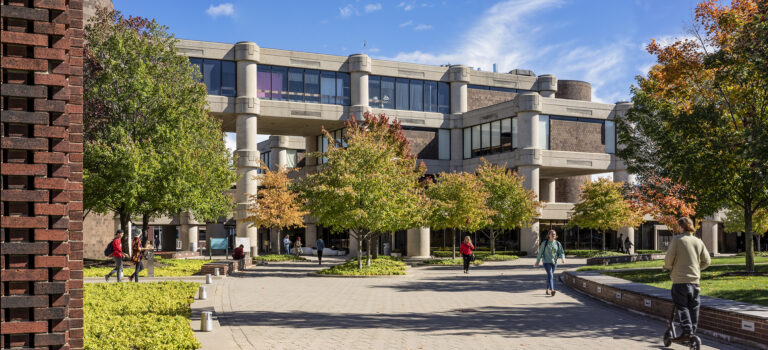 Kresge-Ford campus with students walking between buildings.