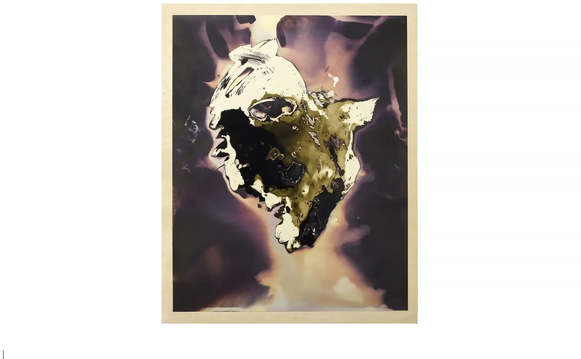 An image of a destroyed colorful head shape floating in a smokey background