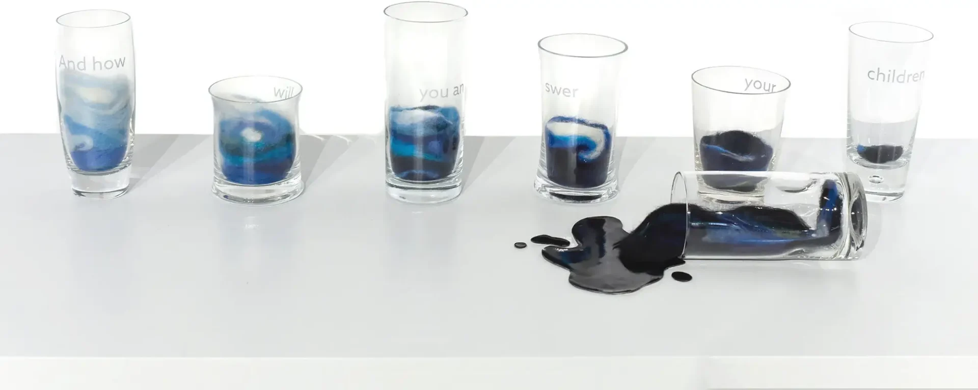 A series of glasses containing different amounts of colored sands. Each glass has a label on it indicating a part of daily life