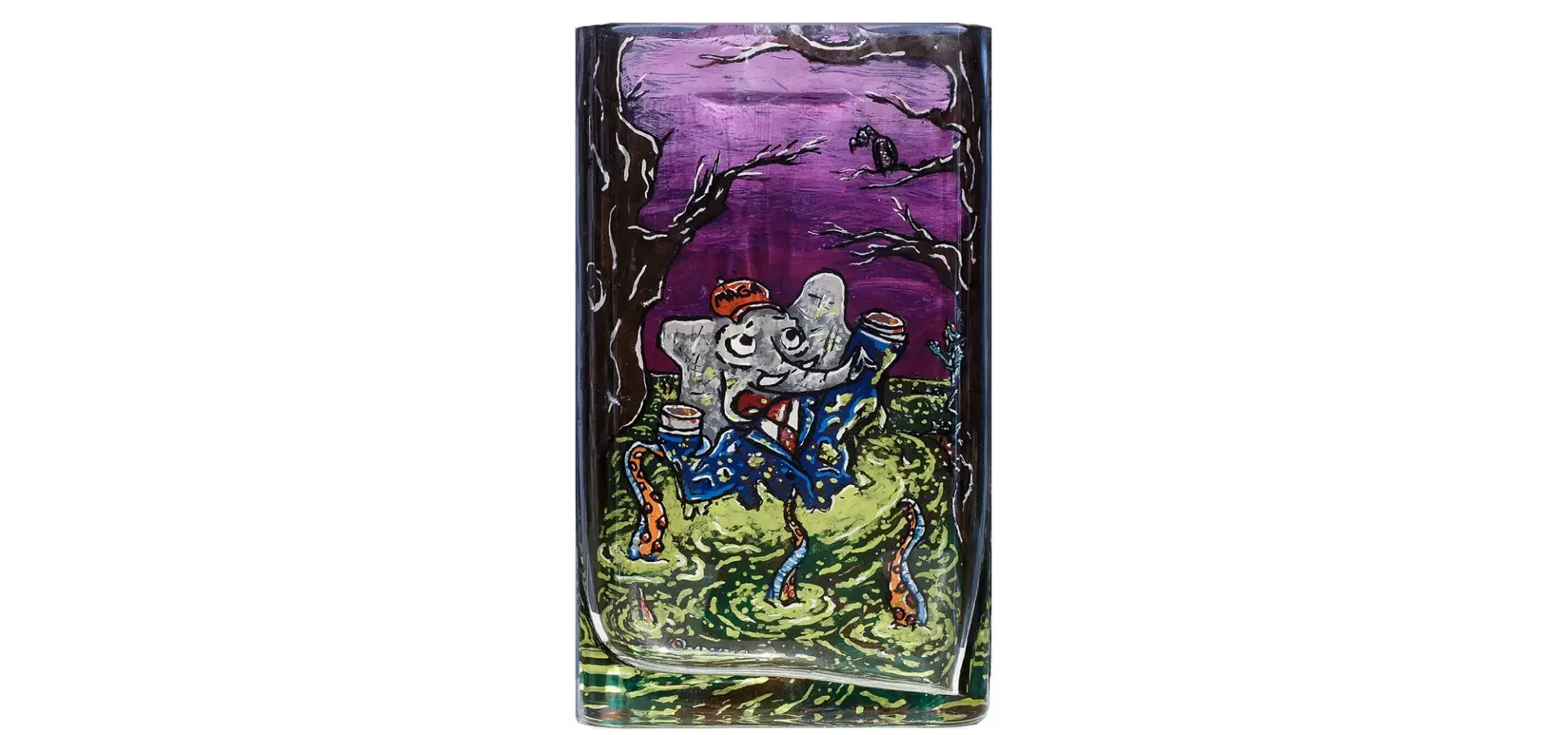 A small painting of a cartoon elephant in a business suit, being sucked into a swamp that is surrounded by eerie trees and tentacles protruding from the swamp